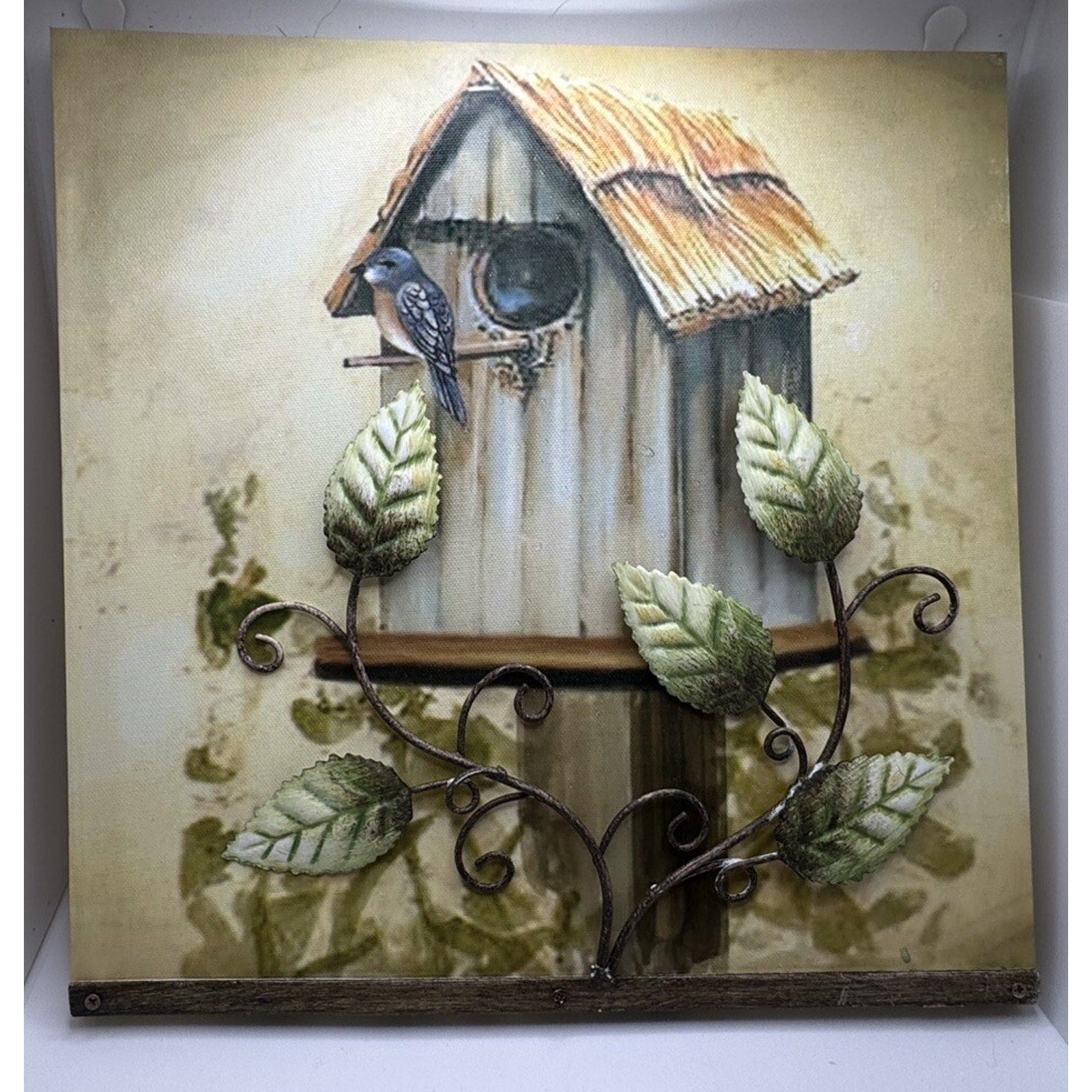 Rare Birdhouse Painting on Canvas and Metal Leaves - 12” X 12”