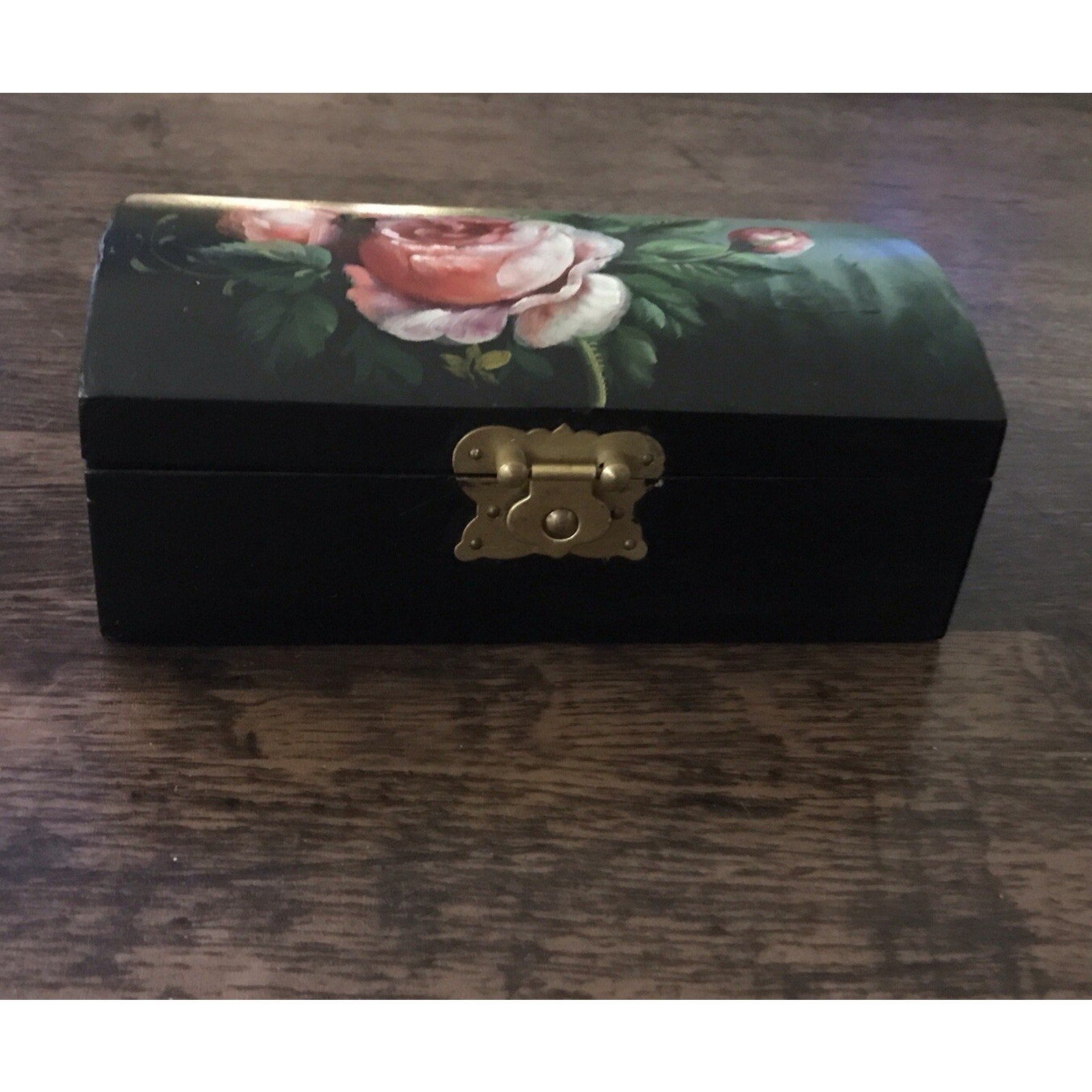 VINTAGE HANDMADE WOOD FLORAL PAINTED JEWELRY BOX VELVET LINED 6” x 3.5”