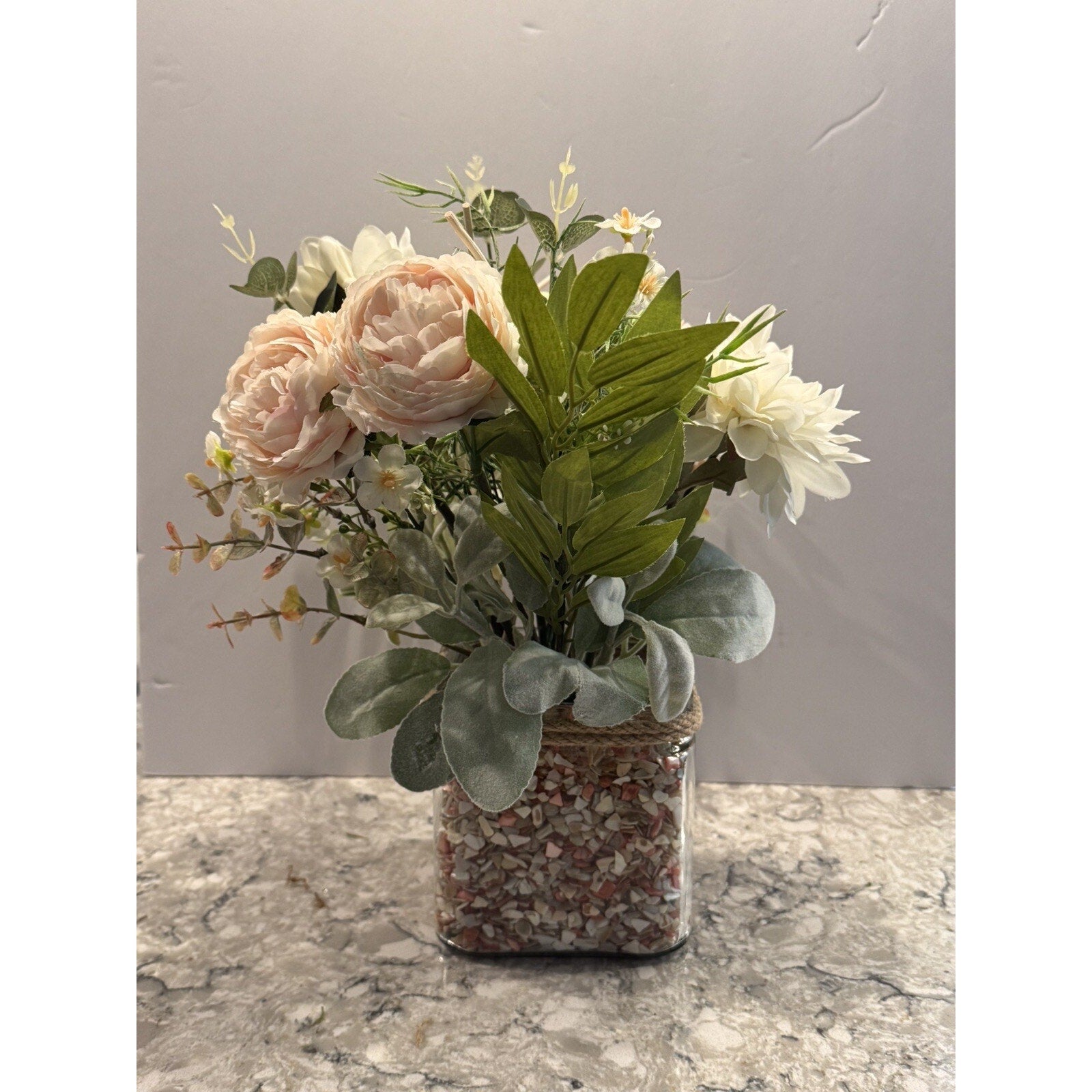 Spring Silk Floral Arrangement Clear Glass Vase Shell Chips Beach Decor