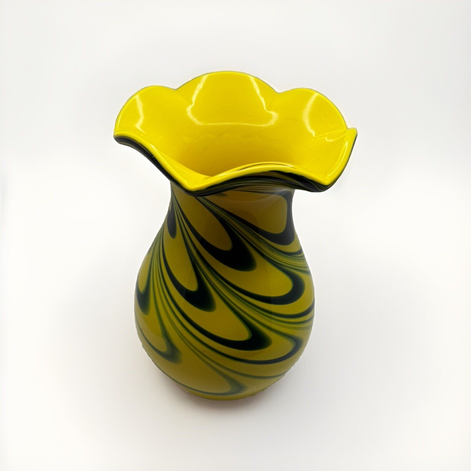 Eastern Retro Hand Blown Glass Vase Yellow W/Blue Green Swirl 8”