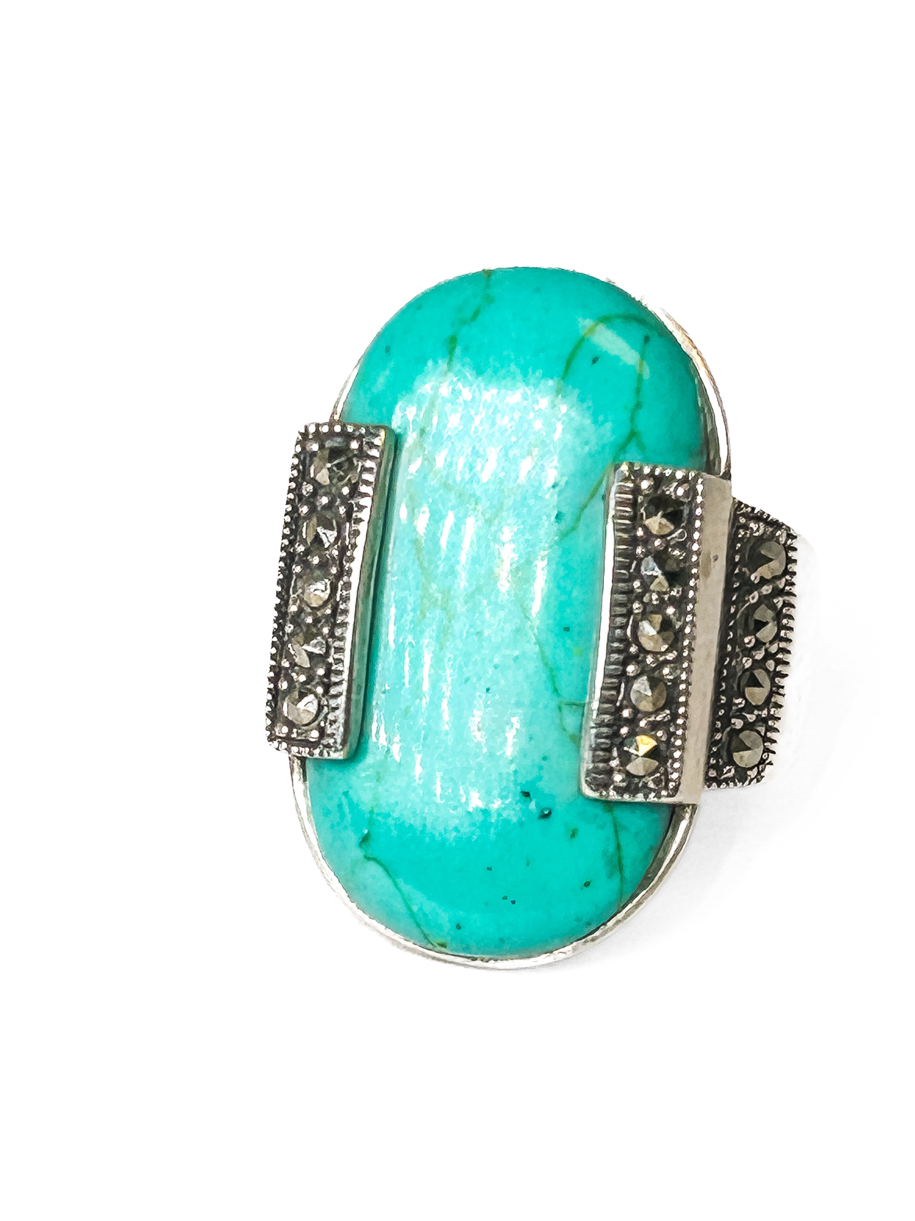 Vintage 925 Sterling Silver Large Oval Turquoise Ring - Size 8 - Frijja, LLC
