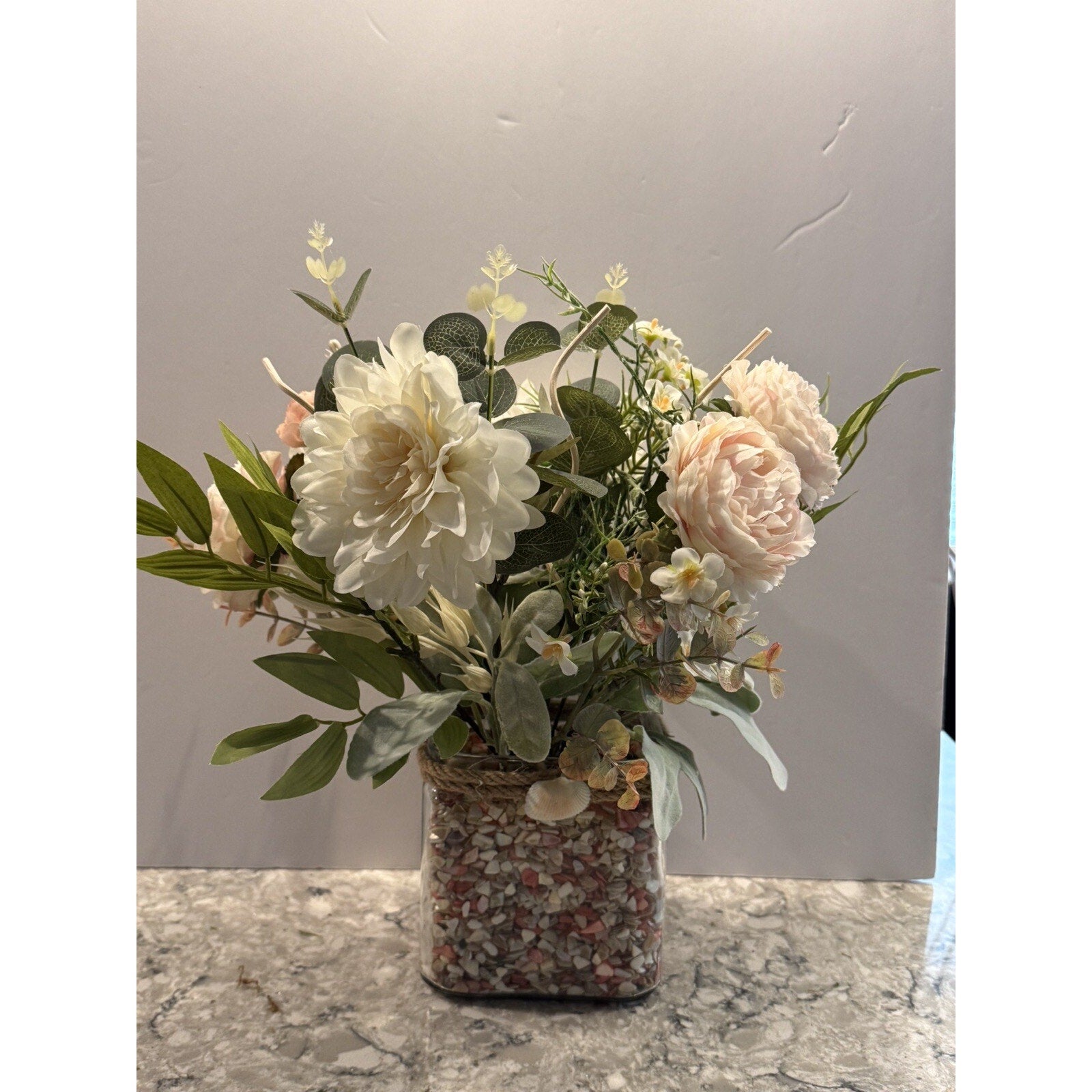 Spring Silk Floral Arrangement Clear Glass Vase Shell Chips Beach Decor