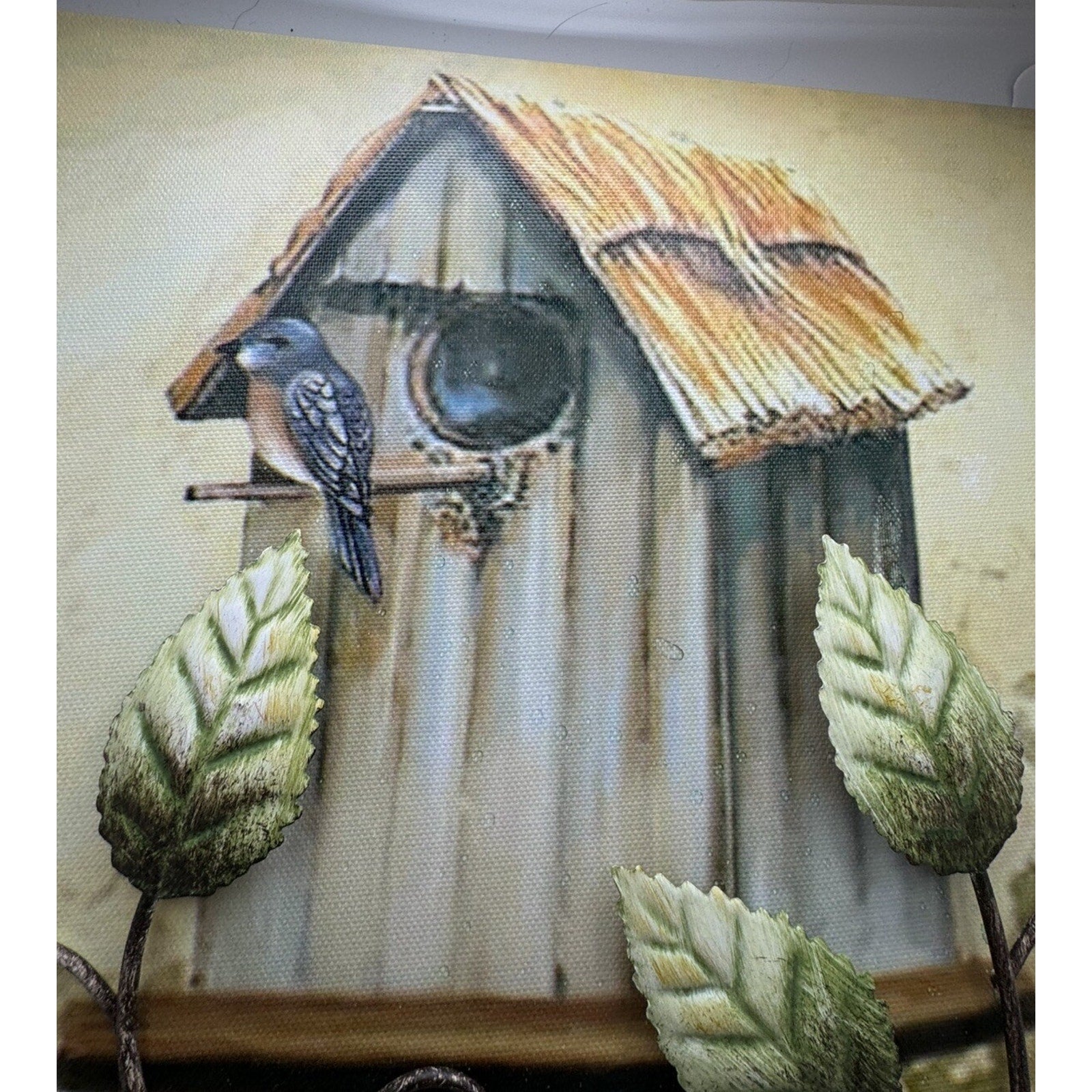 Rare Birdhouse Painting on Canvas and Metal Leaves - 12” X 12”