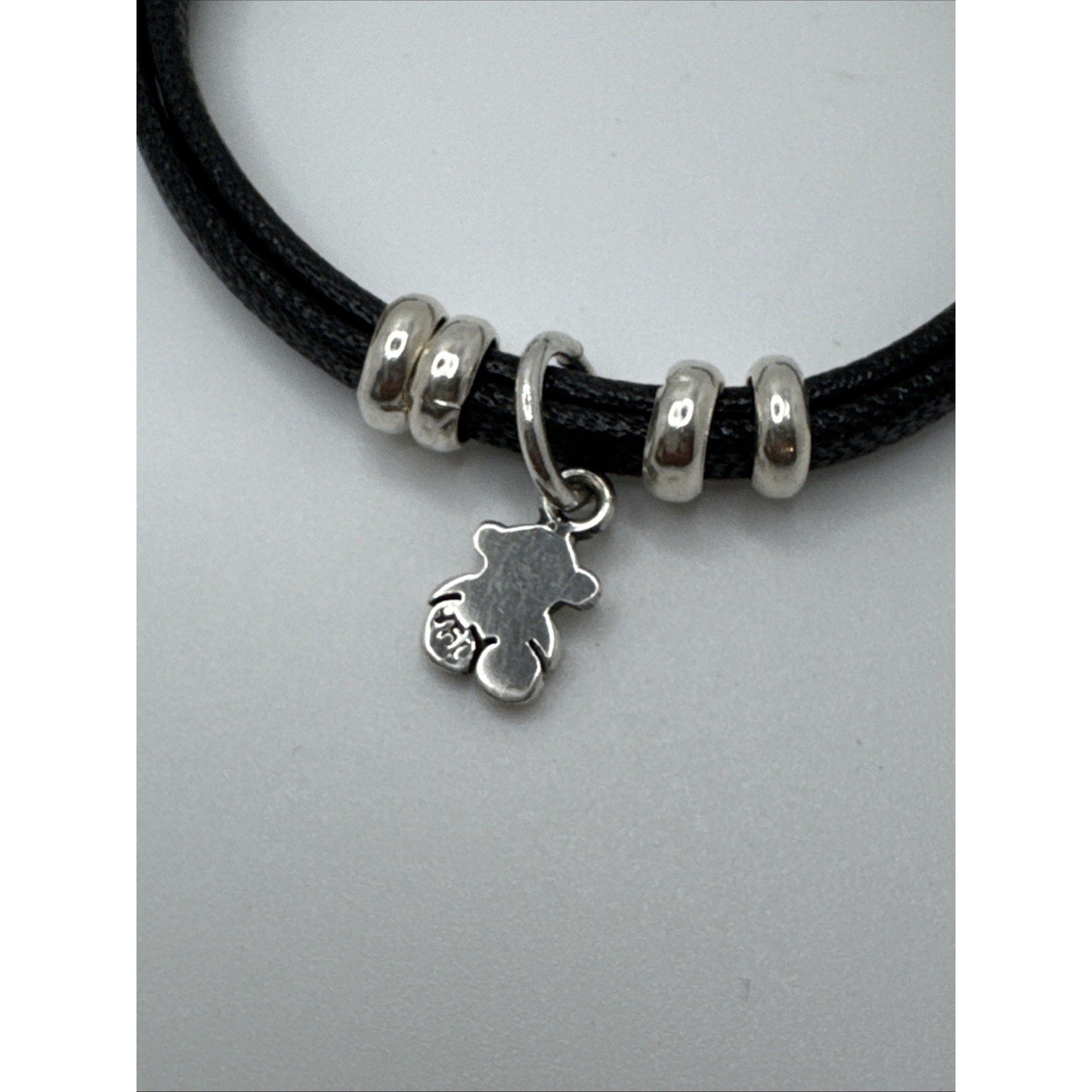 950 Sterling Silver Black Leather Bracelet Bear Charm