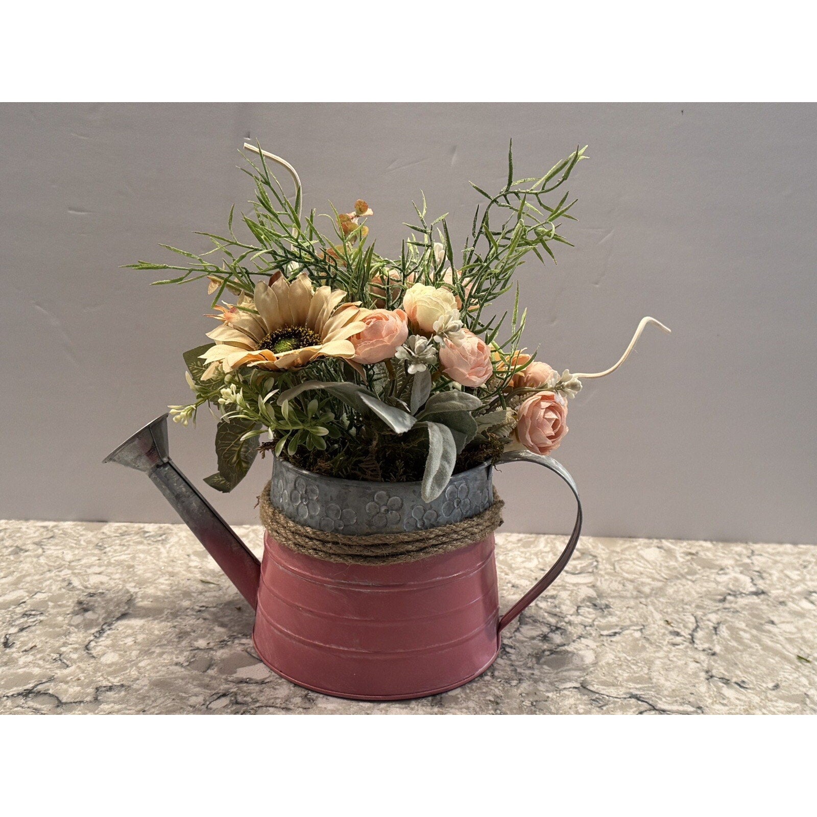 Spring Floral Arrangement in Metal Watering Can - Farmhouse Beach Rustic Decor