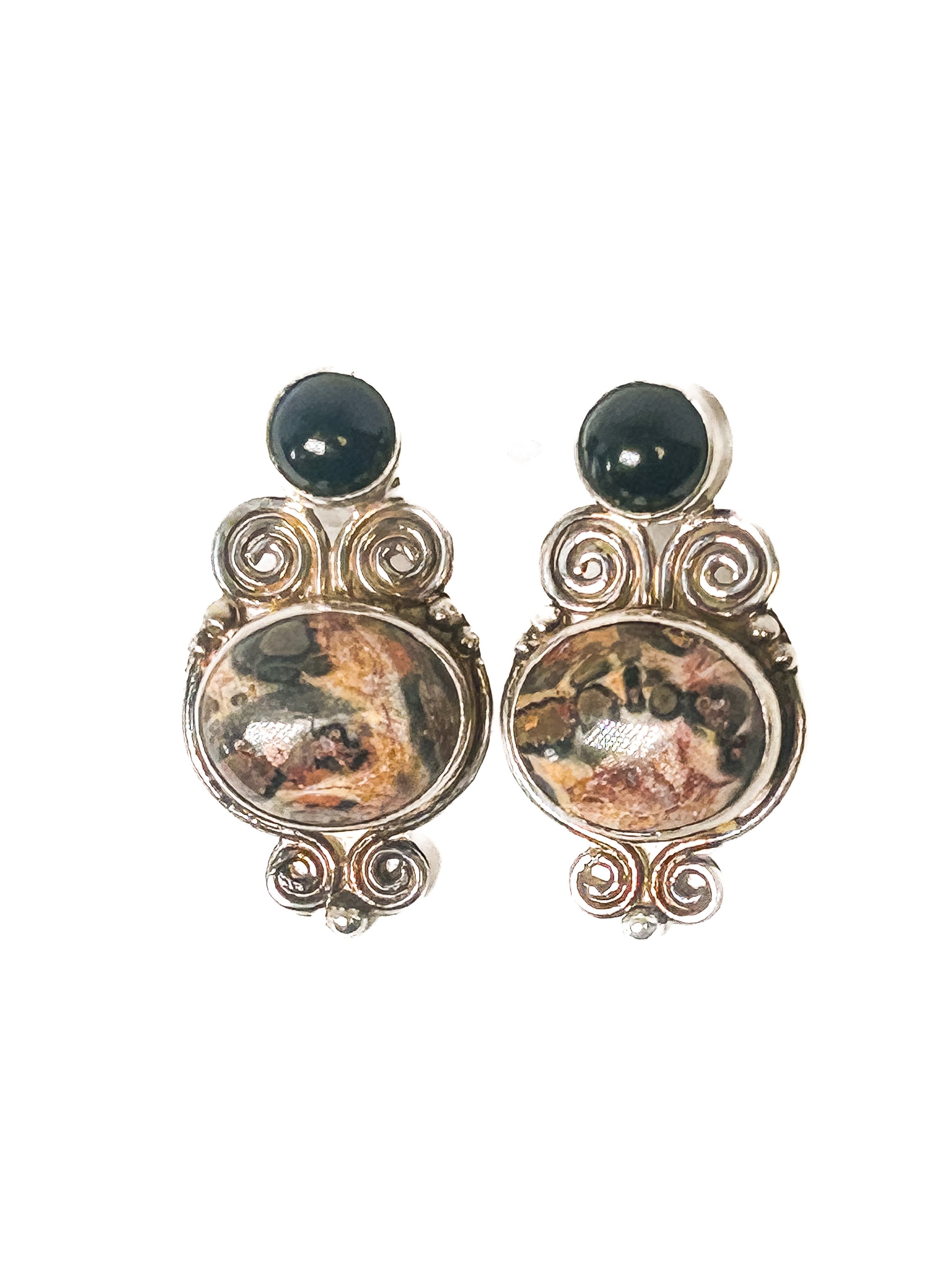 Vintage 925 Sterling Silver Picture Jasper and Onyx Earrings - Frijja, LLC