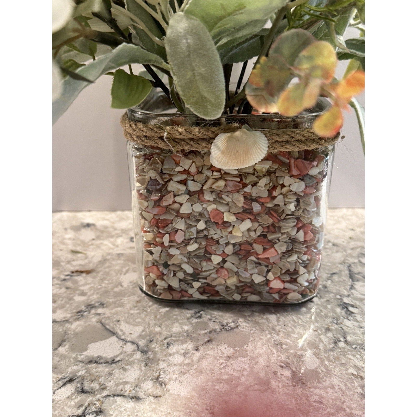 Spring Silk Floral Arrangement Clear Glass Vase Shell Chips Beach Decor