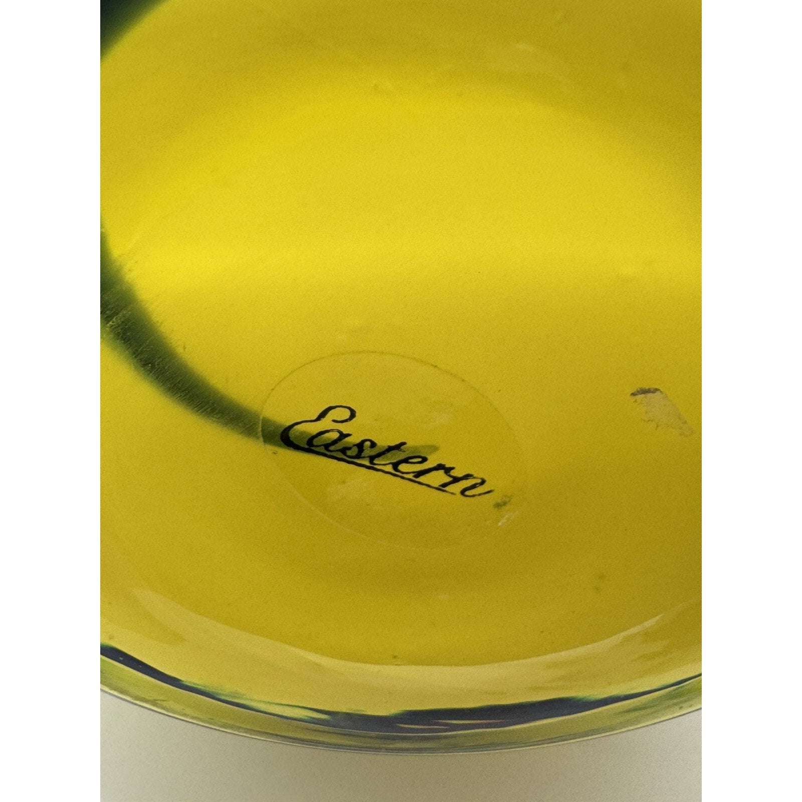 Eastern Retro Hand Blown Glass Vase Yellow W/Blue Green Swirl 8”