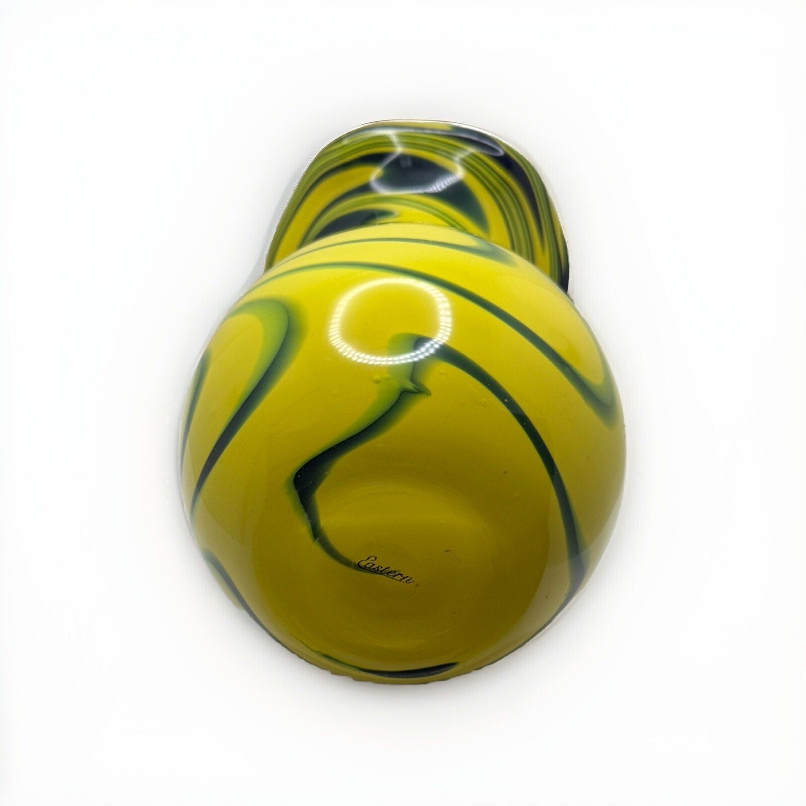 Eastern Retro Hand Blown Glass Vase Yellow W/Blue Green Swirl 8”