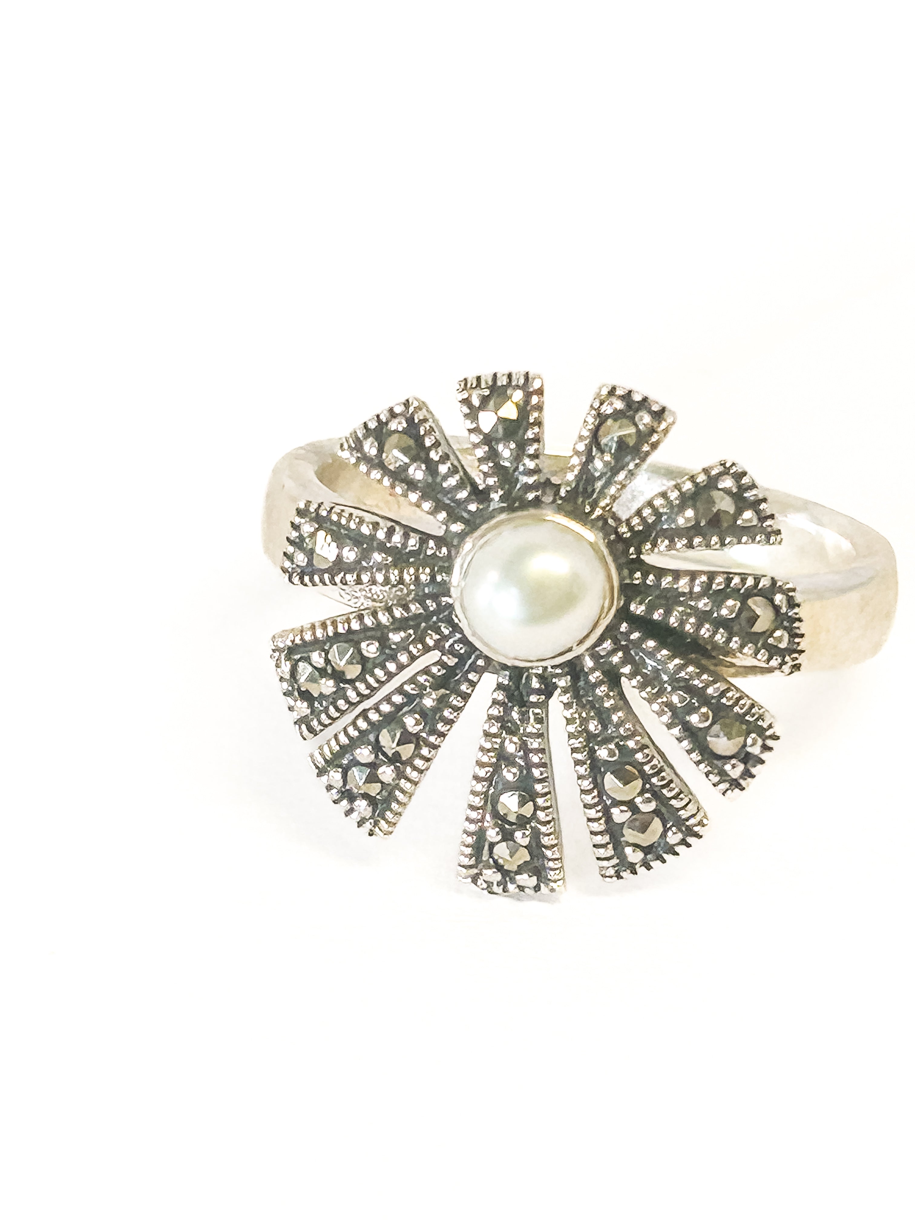 925 Sterling Silver Pearl and Marcasite Ring Size 6 - Frijja, LLC
