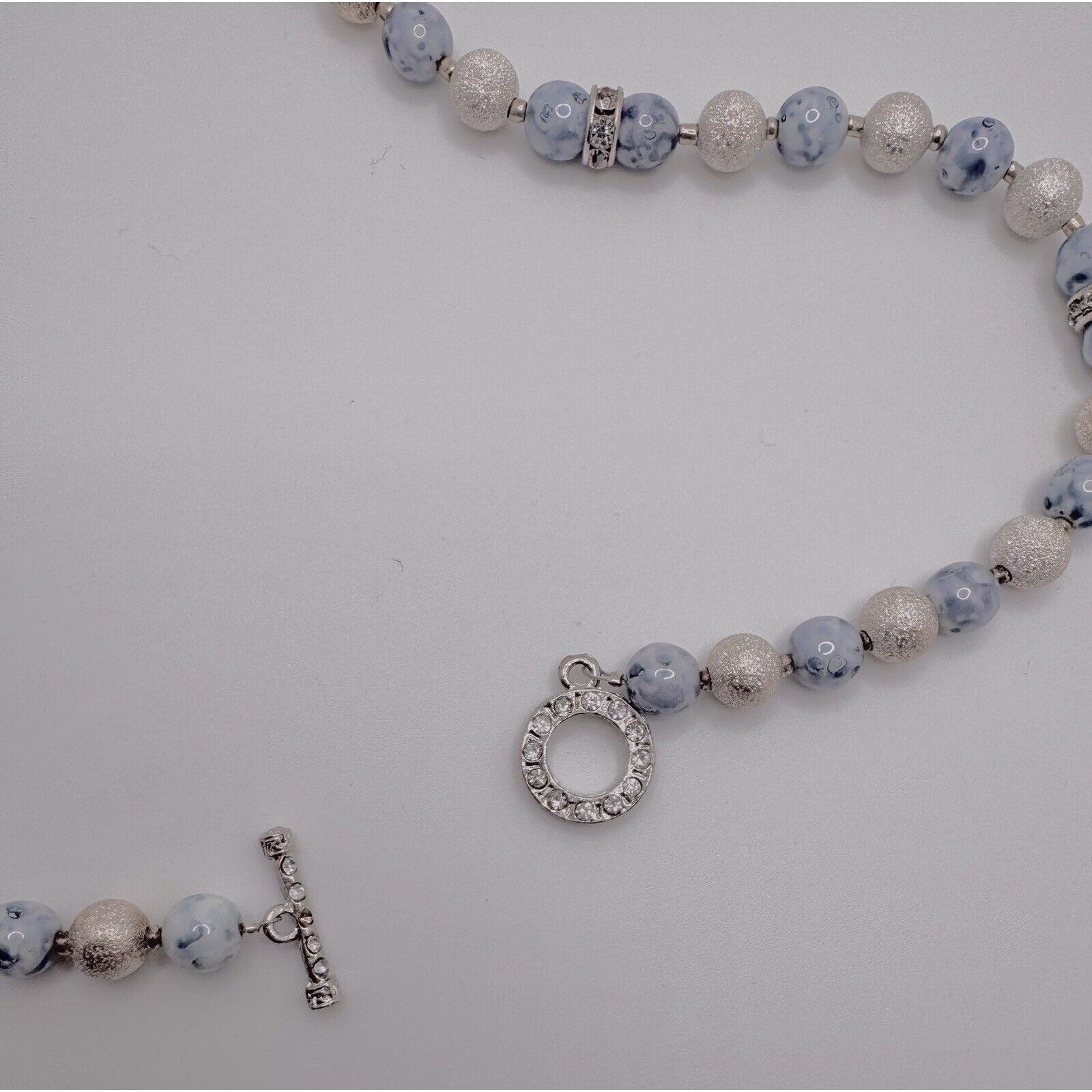 HANDMADE CERAMIC BEADED NECKLACE, BLUE & WHITE/ 18”