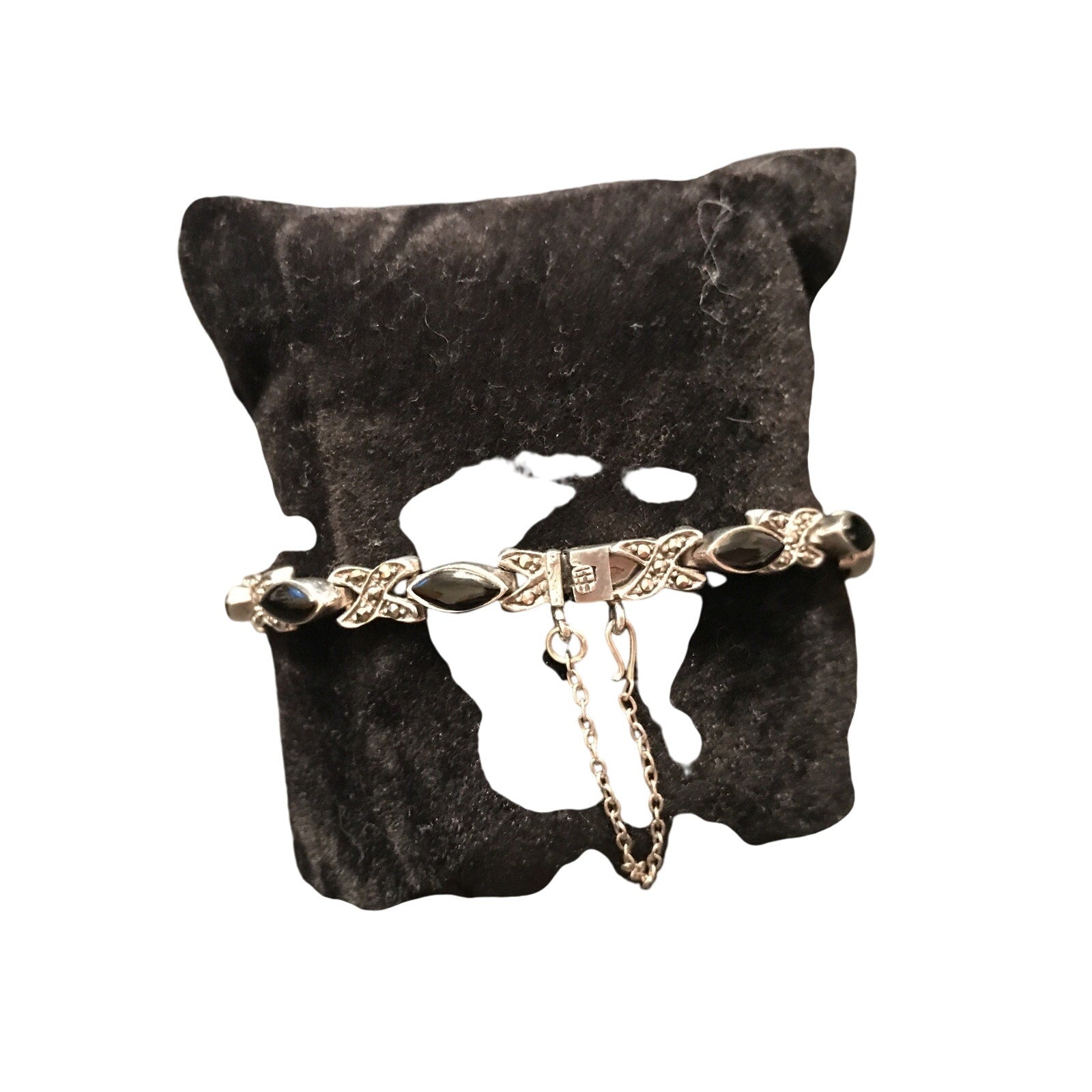 925 Sterling Silver Black Onyx Marcasite Tennis Bracelet