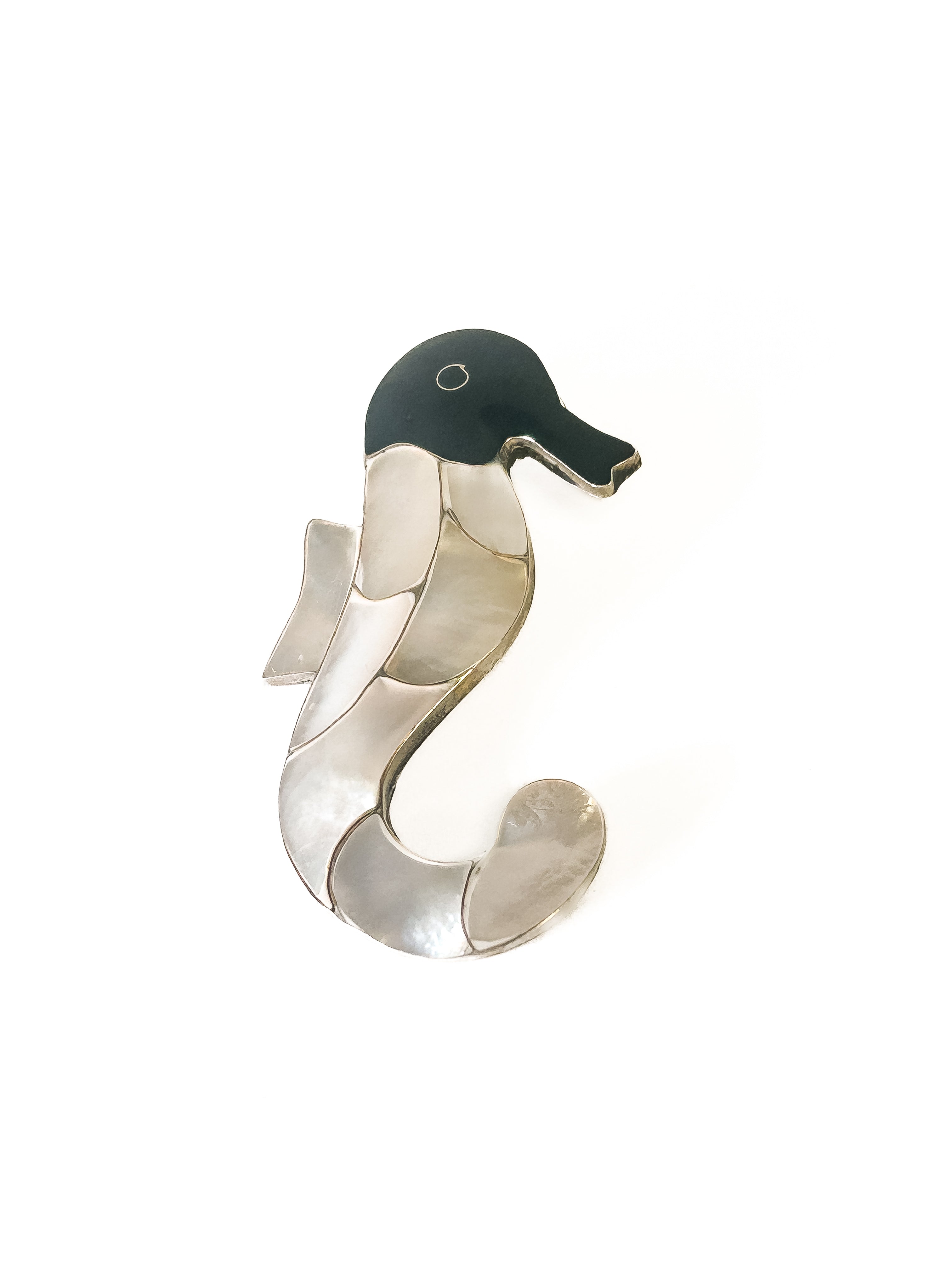Vintage 925 Sterling Silver Mother of Pearl Onyx Seahorse Pendant - Frijja, LLC