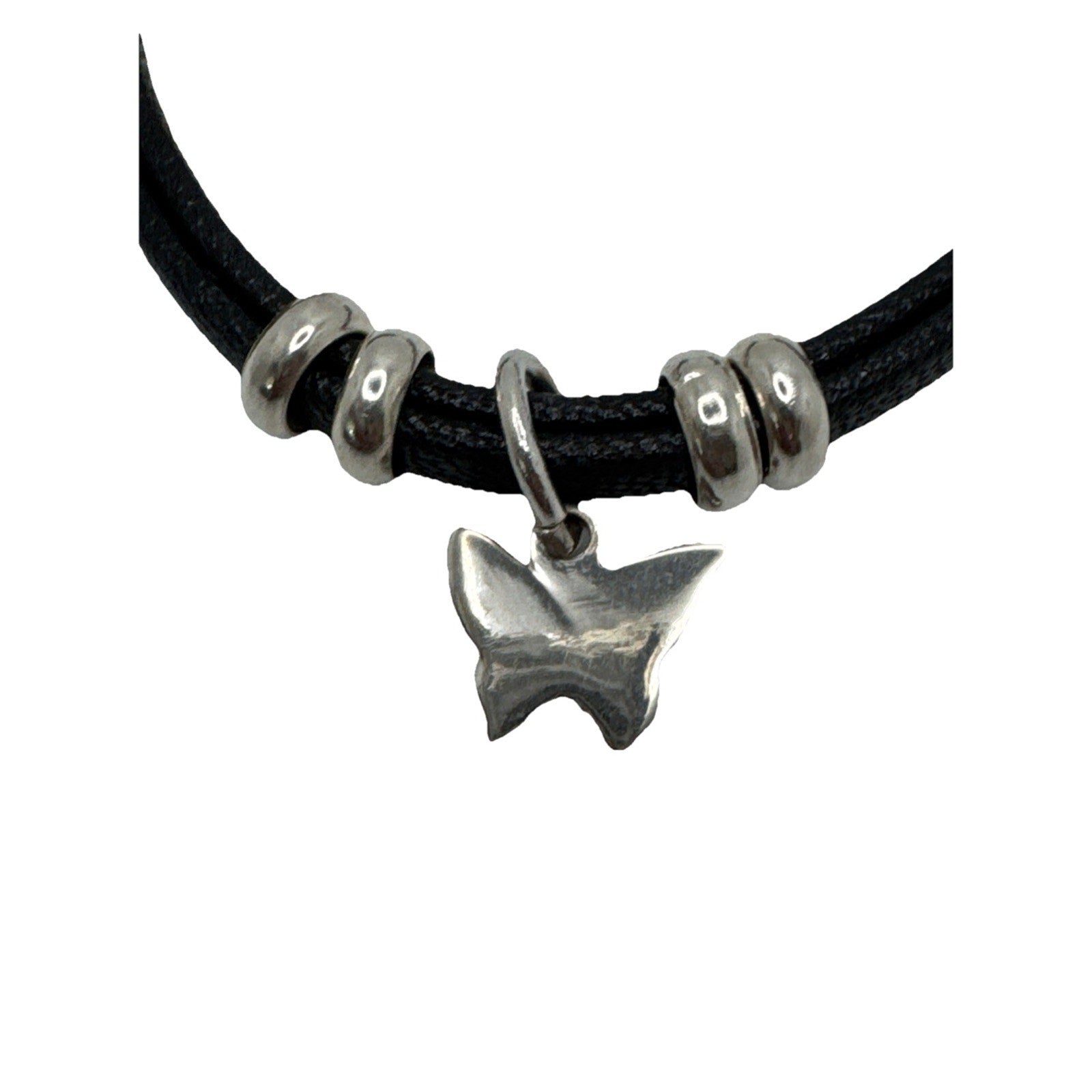 950 Sterling Silver Black Leather Bracelet Butterfly Charm