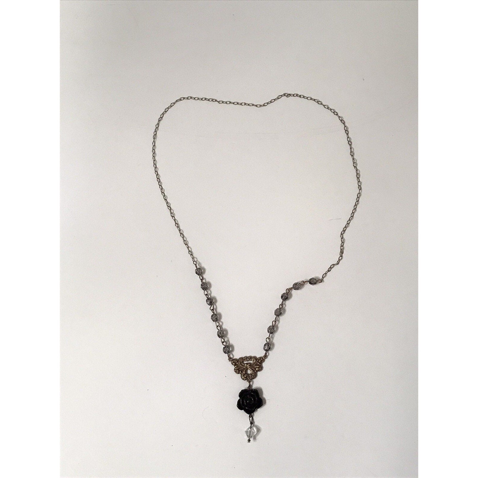 Vintage Fashion Jewelry Necklace w/ Black Rose Pendant 24”