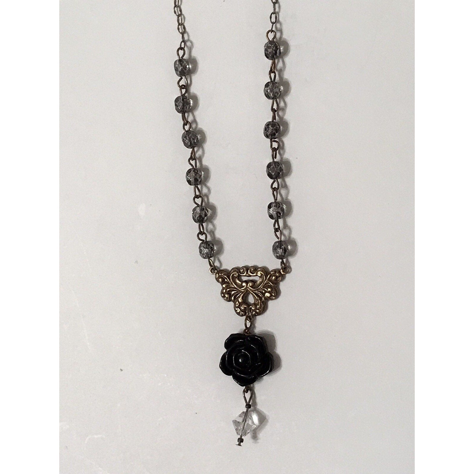 Vintage Fashion Jewelry Necklace w/ Black Rose Pendant 24”