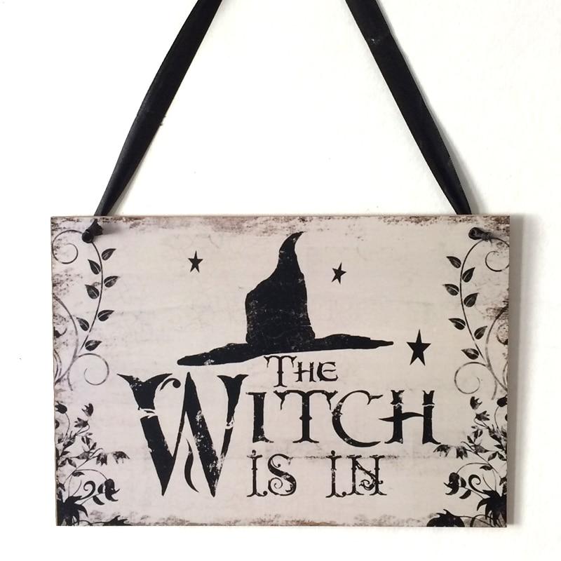 Halloween Decoration The Witch Is In Rustic Wooden Plaque Wall Sign