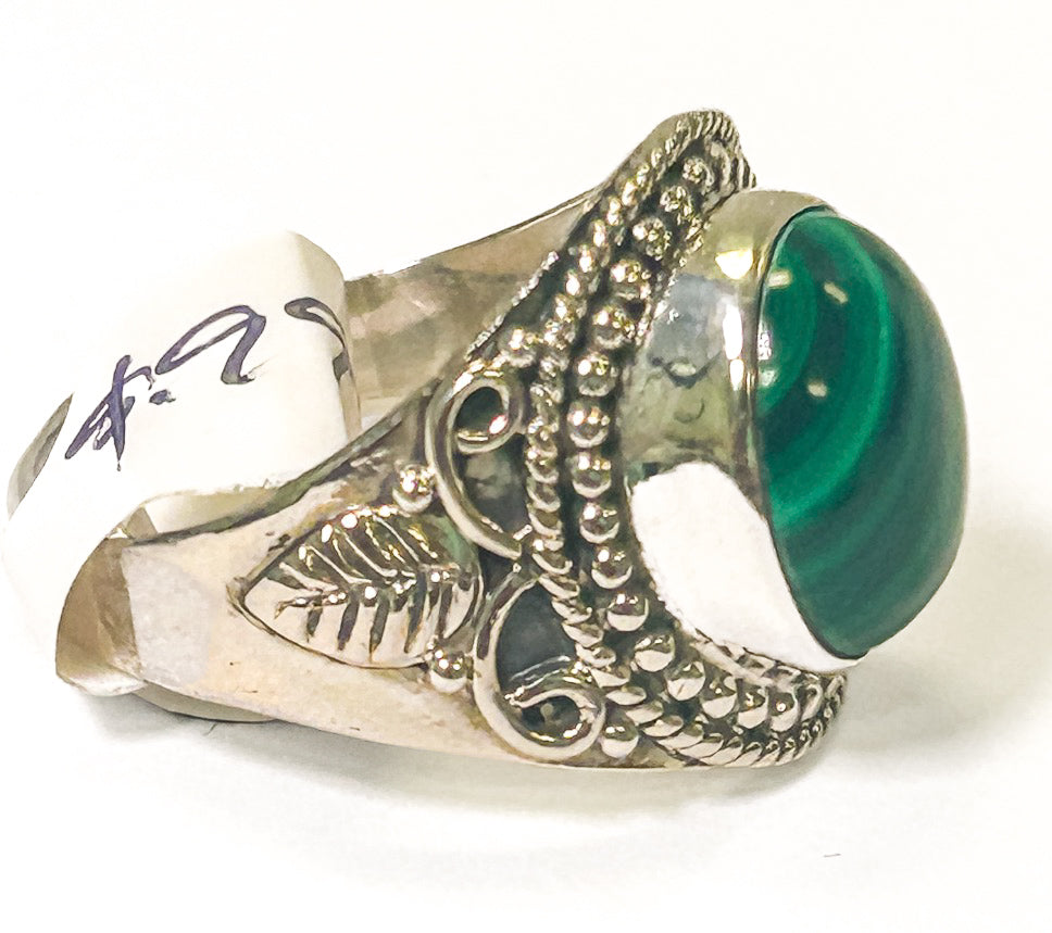 Vintage 925 Sterling Silver Round Malachite Ring - Size 8 - Frijja, LLC