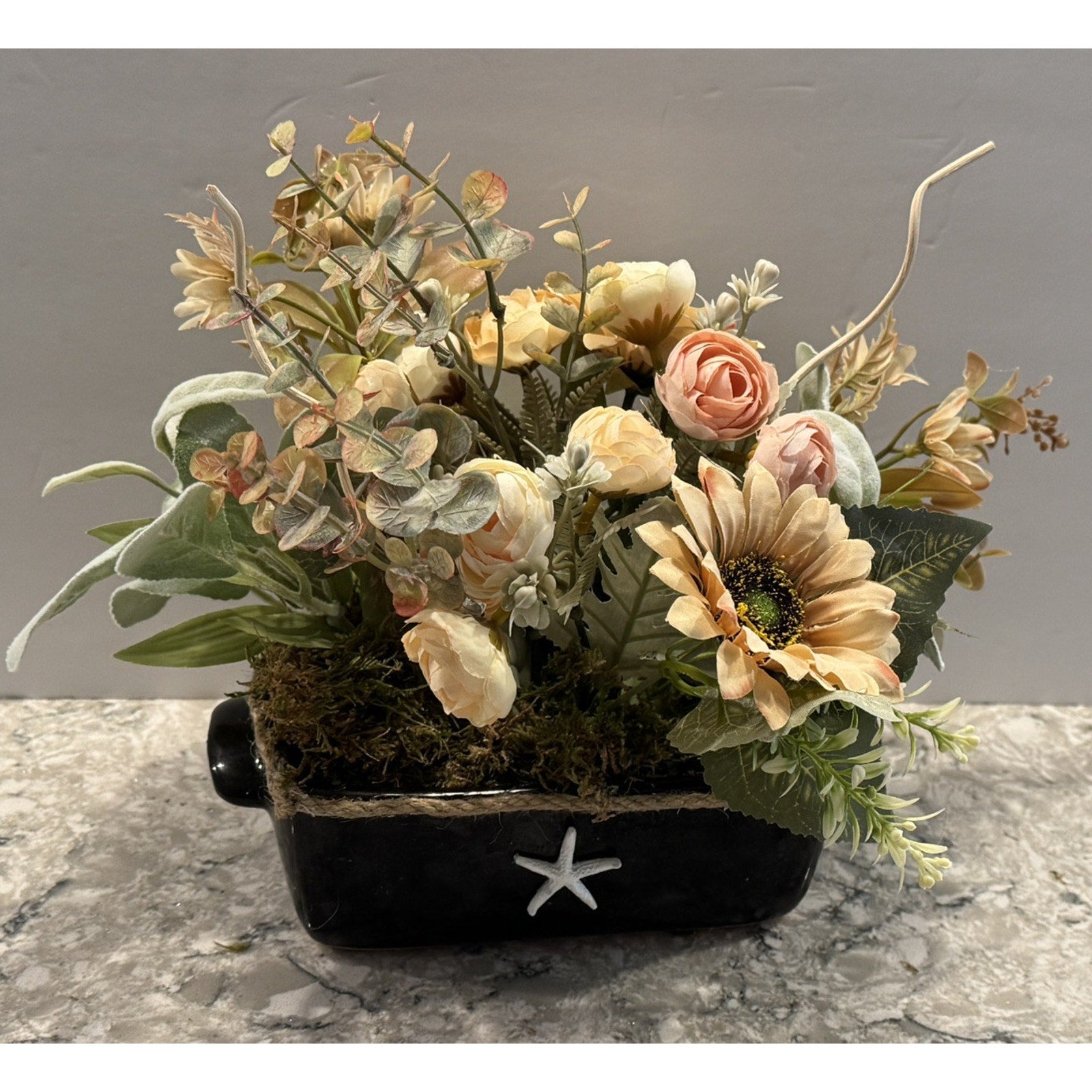 Spring Silk Floral Arrangement Black Ceramic Vase Nautical Decor