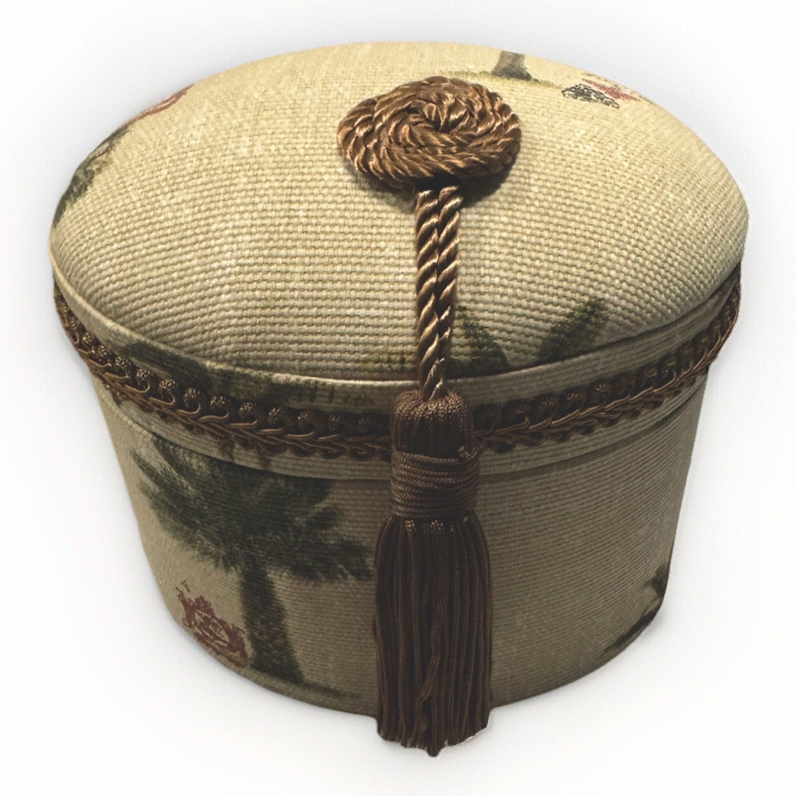 Coastal Design Tapestry Covered Oval Trinket Jewelry Sewing Box