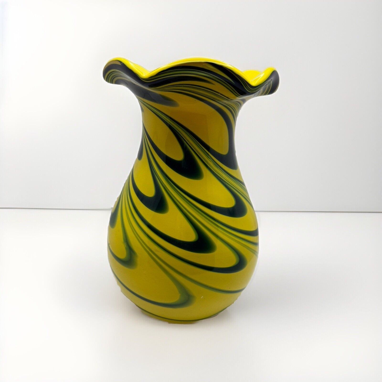 Eastern Retro Hand Blown Glass Vase Yellow W/Blue Green Swirl 8”