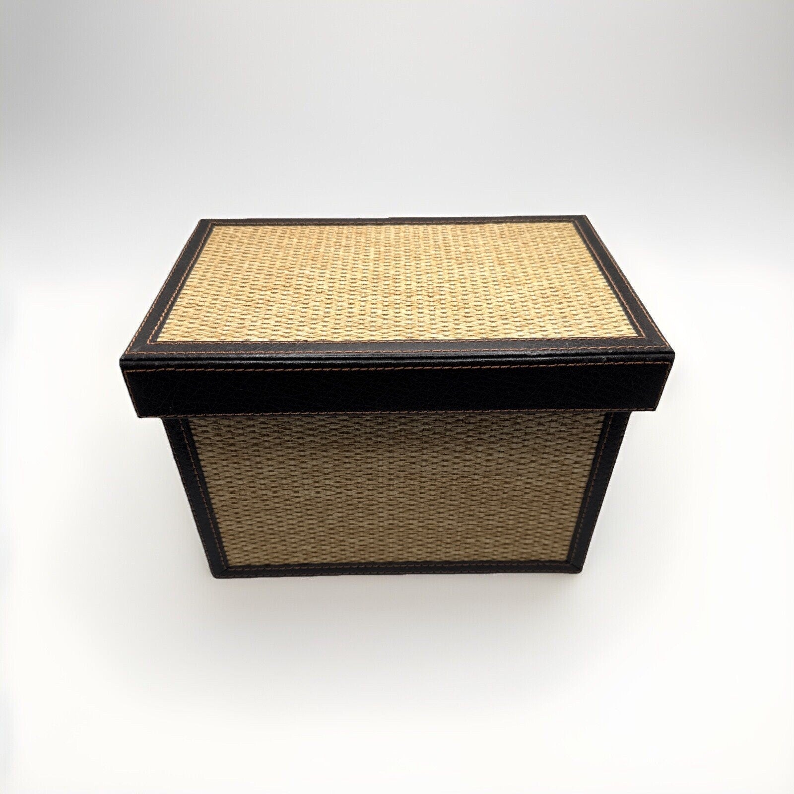 LC Woven Grass Box Trimmed with Lid Genuine Brown Leather and Lined in Suede