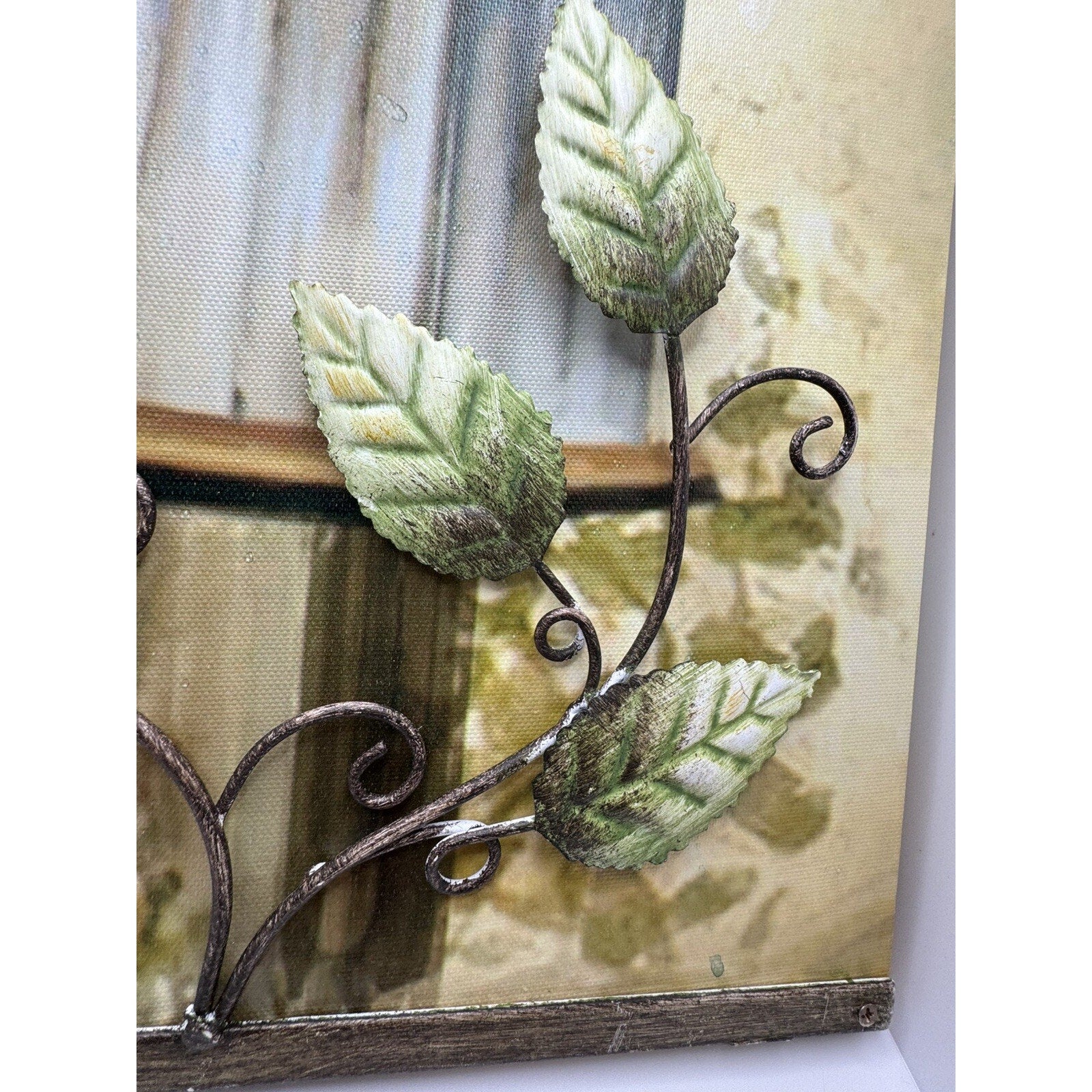 Rare Birdhouse Painting on Canvas and Metal Leaves - 12” X 12”