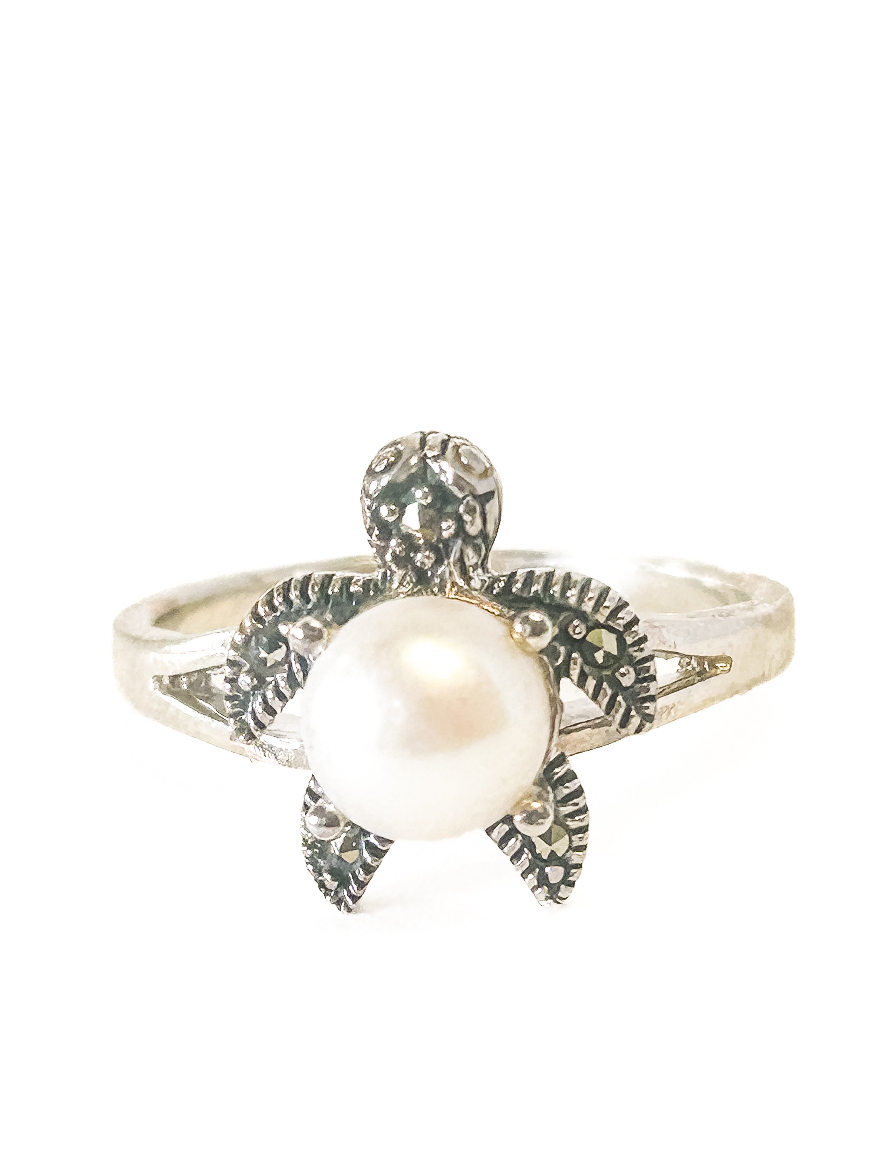 925 Sterling Silver Pearl and marcasite Turtle Ring Size 8 - Frijja, LLC