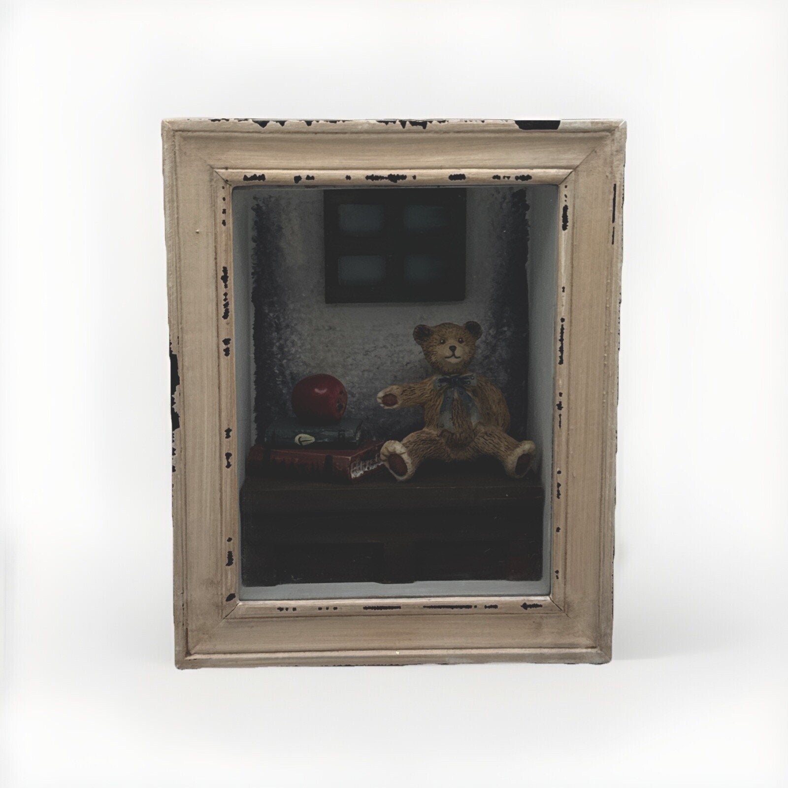 Giftco Teacher Shadow Box with Teddy Bear Math Books & Apple Rustic Farmhouse