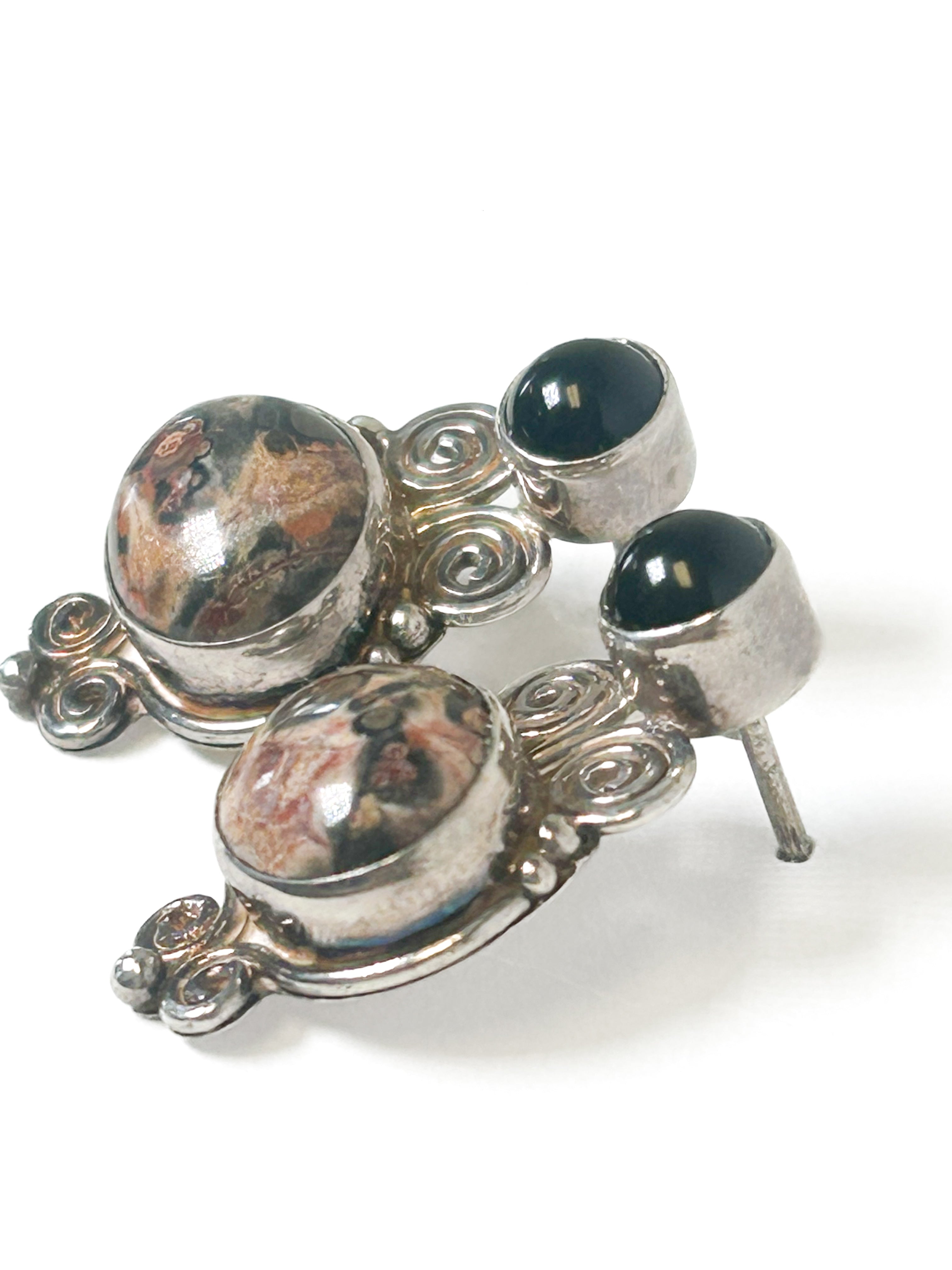 Vintage 925 Sterling Silver Picture Jasper and Onyx Earrings - Frijja, LLC