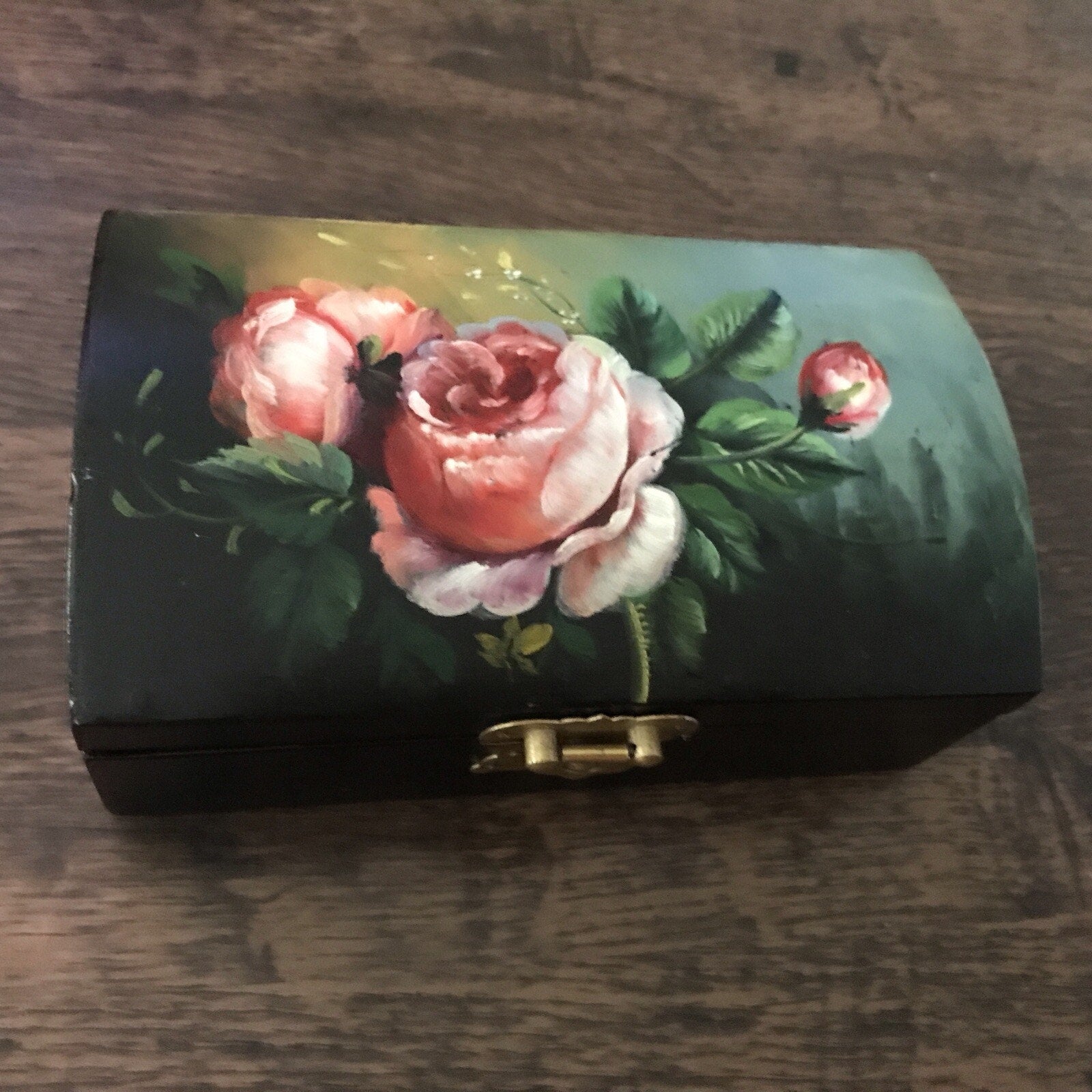 VINTAGE HANDMADE WOOD FLORAL PAINTED JEWELRY BOX VELVET LINED 6” x 3.5”