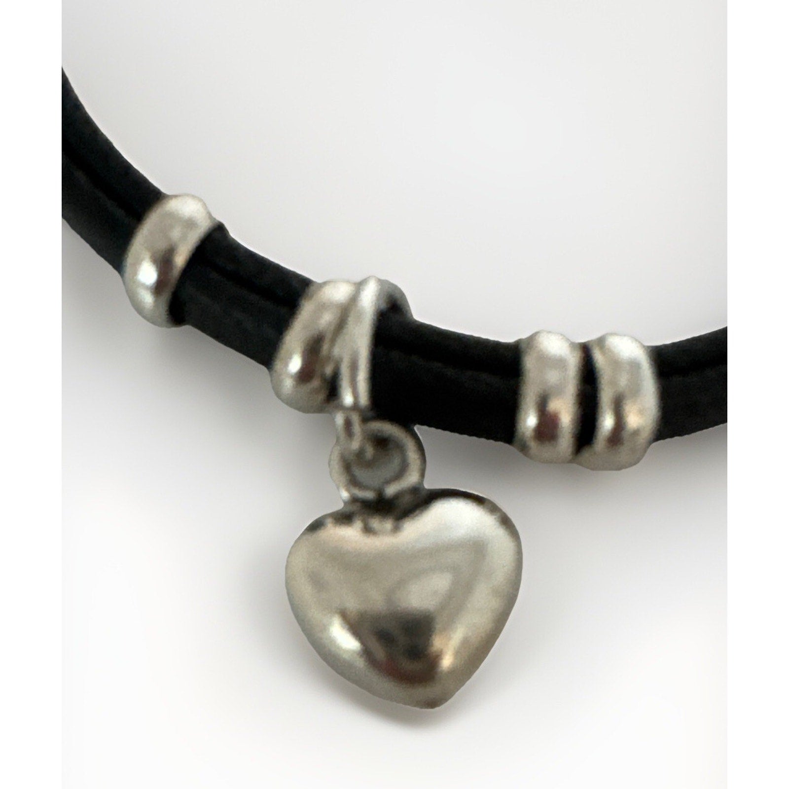 950 Sterling Silver Black Leather Bracelet Heart