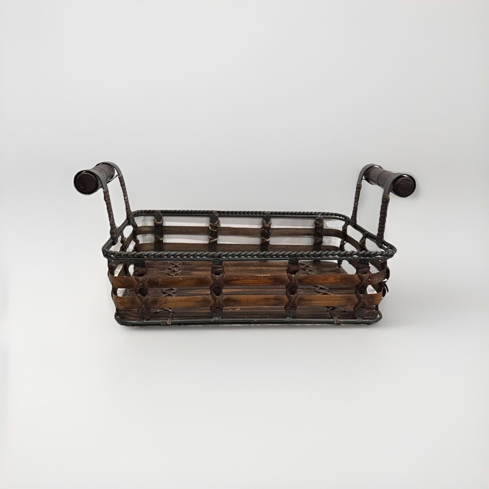 Woven Bamboo Tray with Metal Structure Handles Black/Brown
