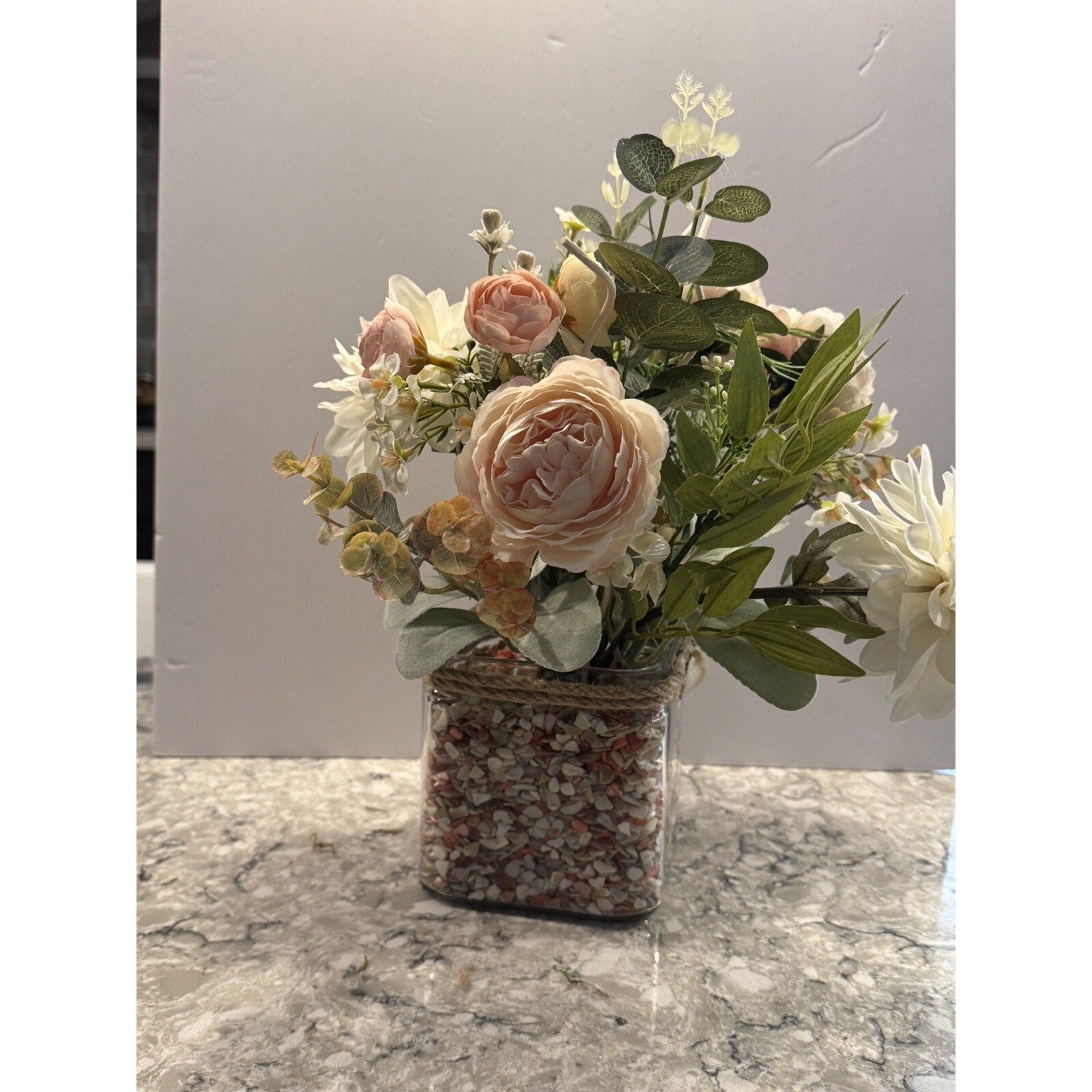 Spring Silk Floral Arrangement Clear Glass Vase Shell Chips Beach Decor