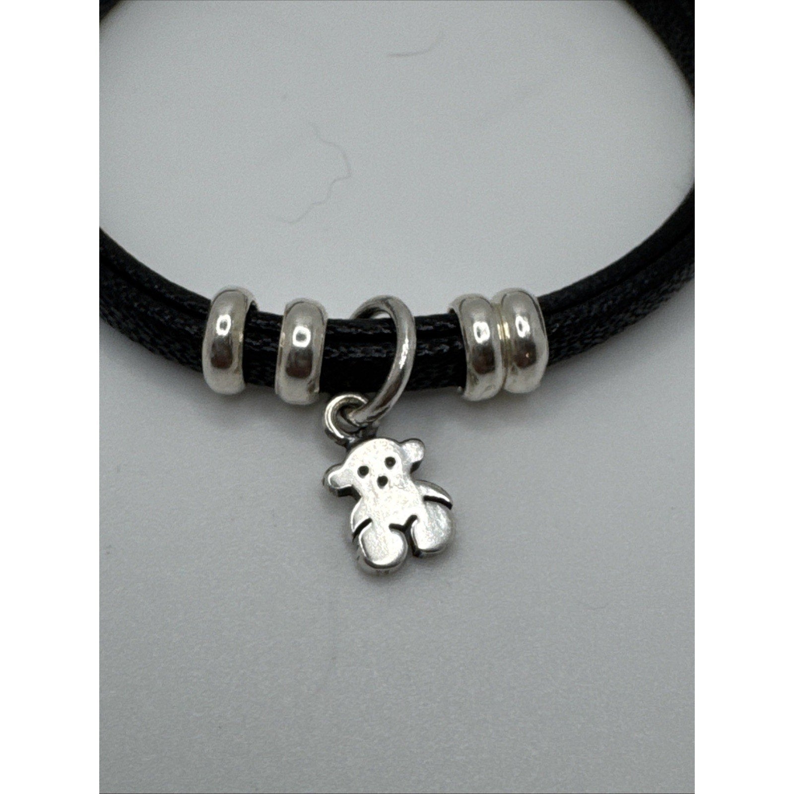 950 Sterling Silver Black Leather Bracelet Bear Charm