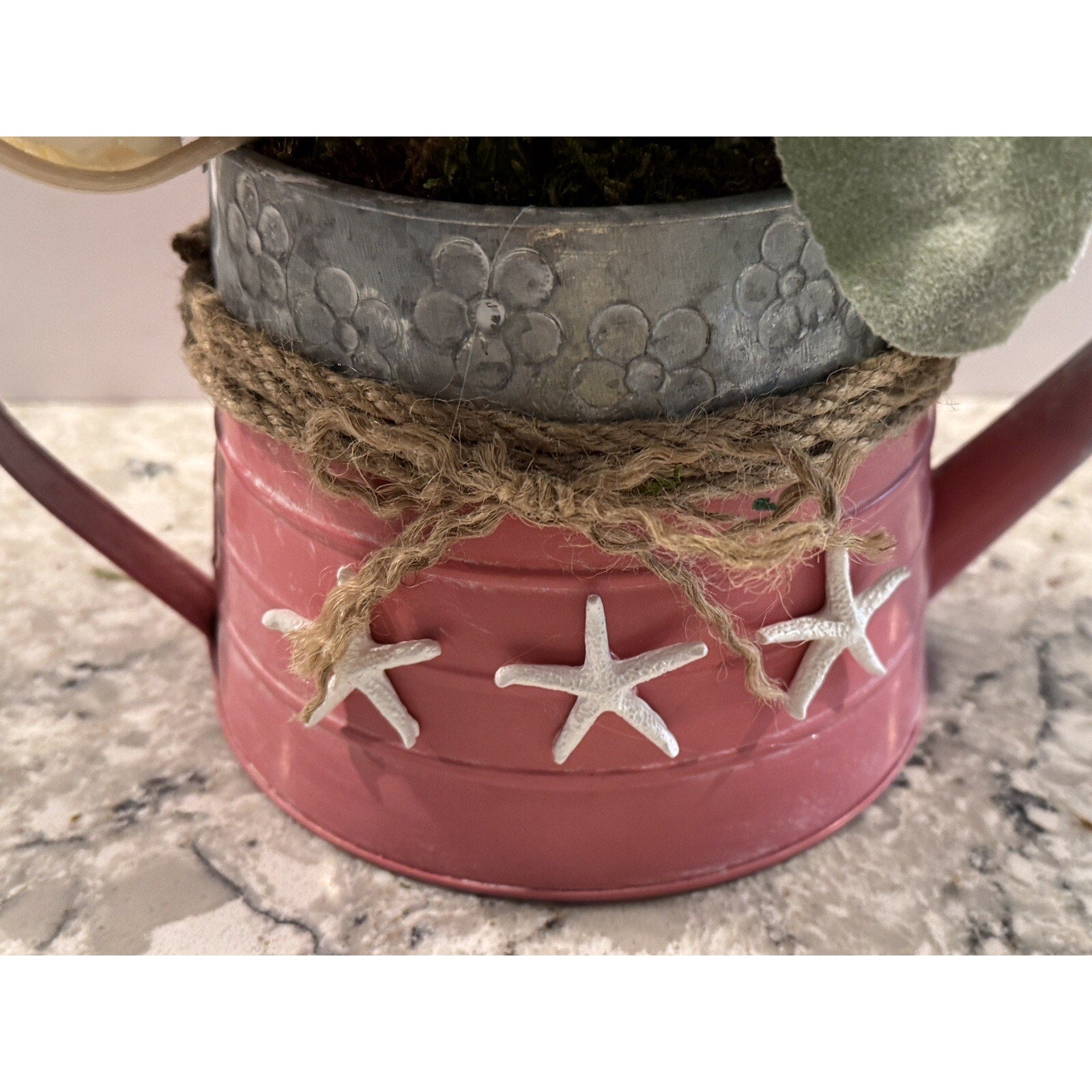Spring Floral Arrangement in Metal Watering Can - Farmhouse Beach Rustic Decor