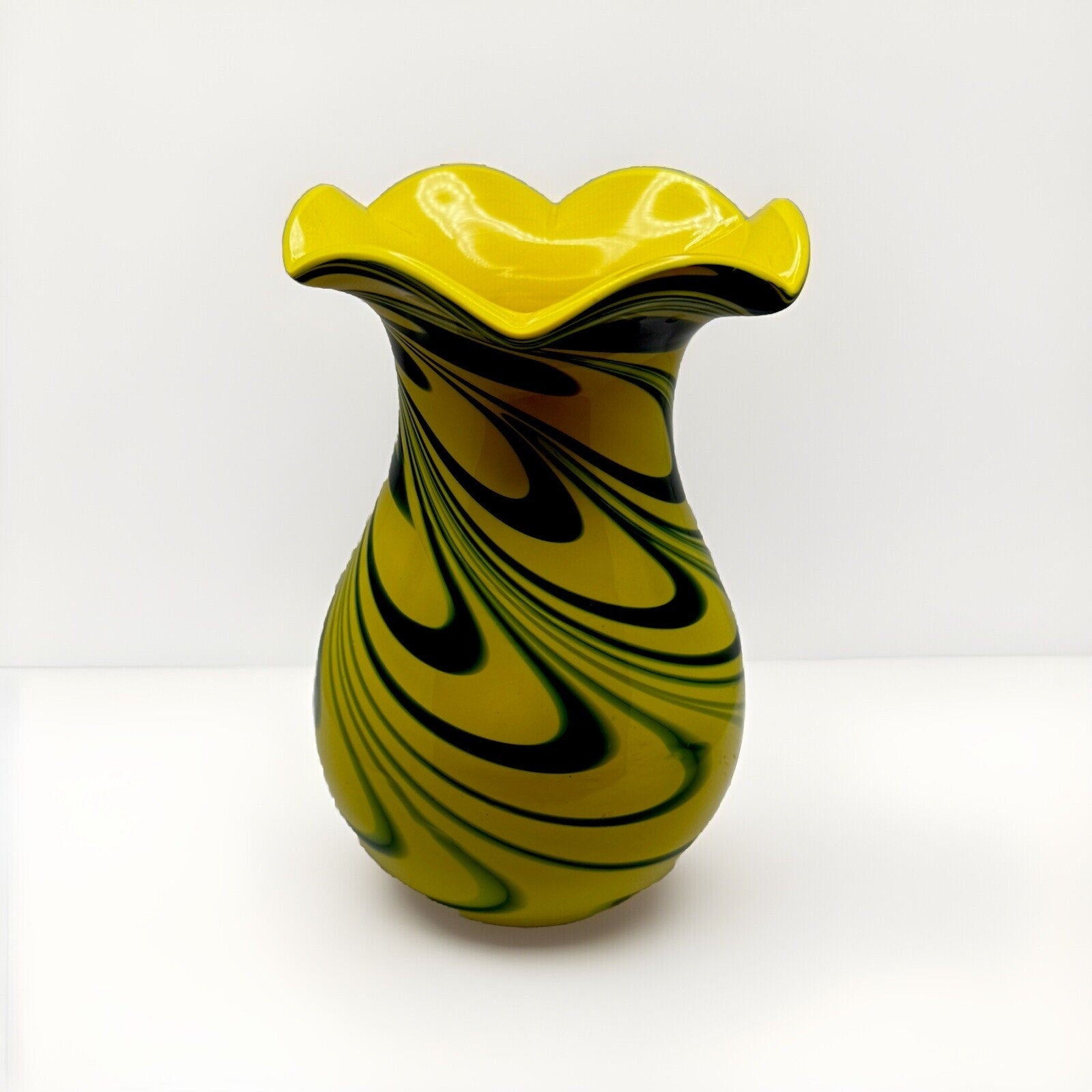 Eastern Retro Hand Blown Glass Vase Yellow W/Blue Green Swirl 8”