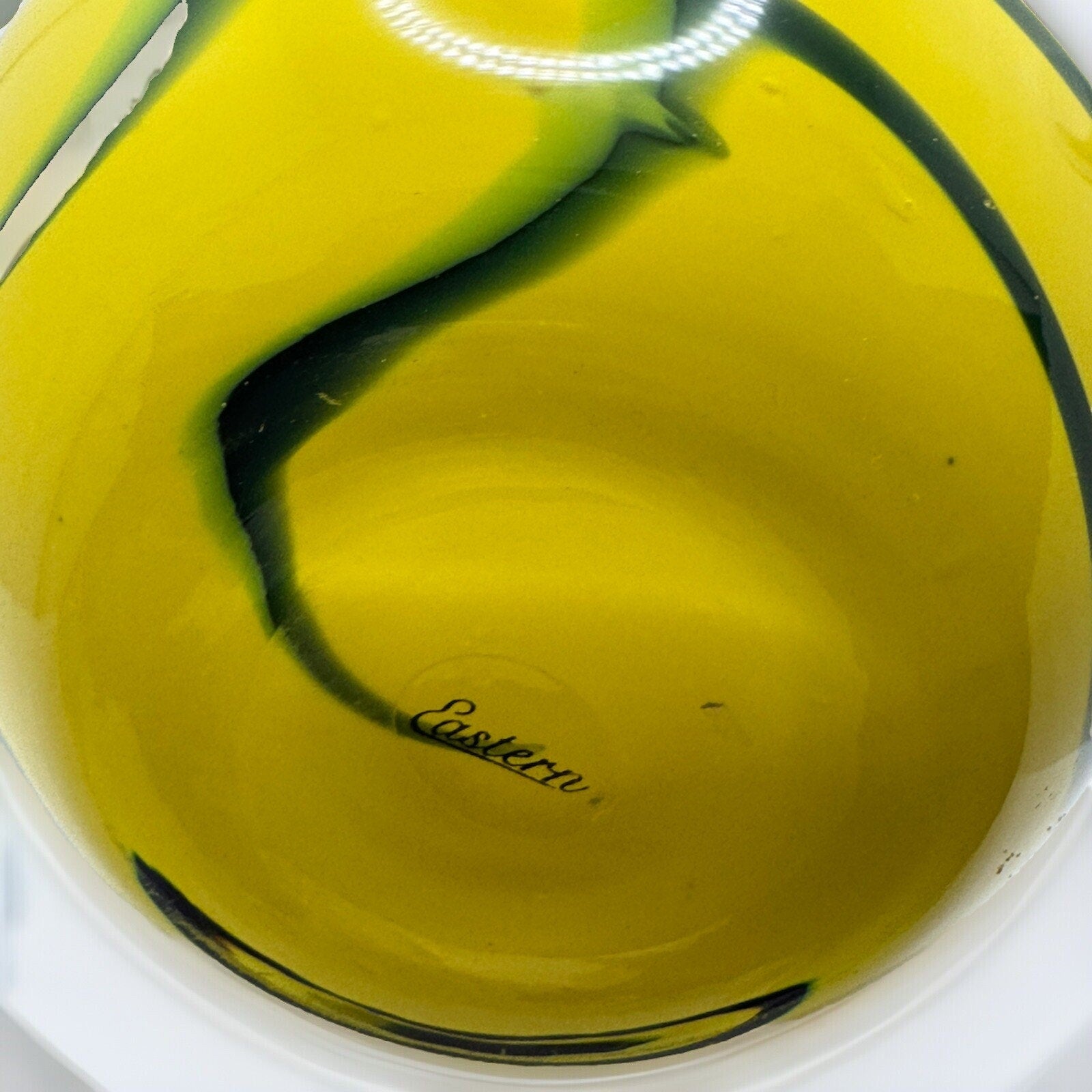 Eastern Retro Hand Blown Glass Vase Yellow W/Blue Green Swirl 8”