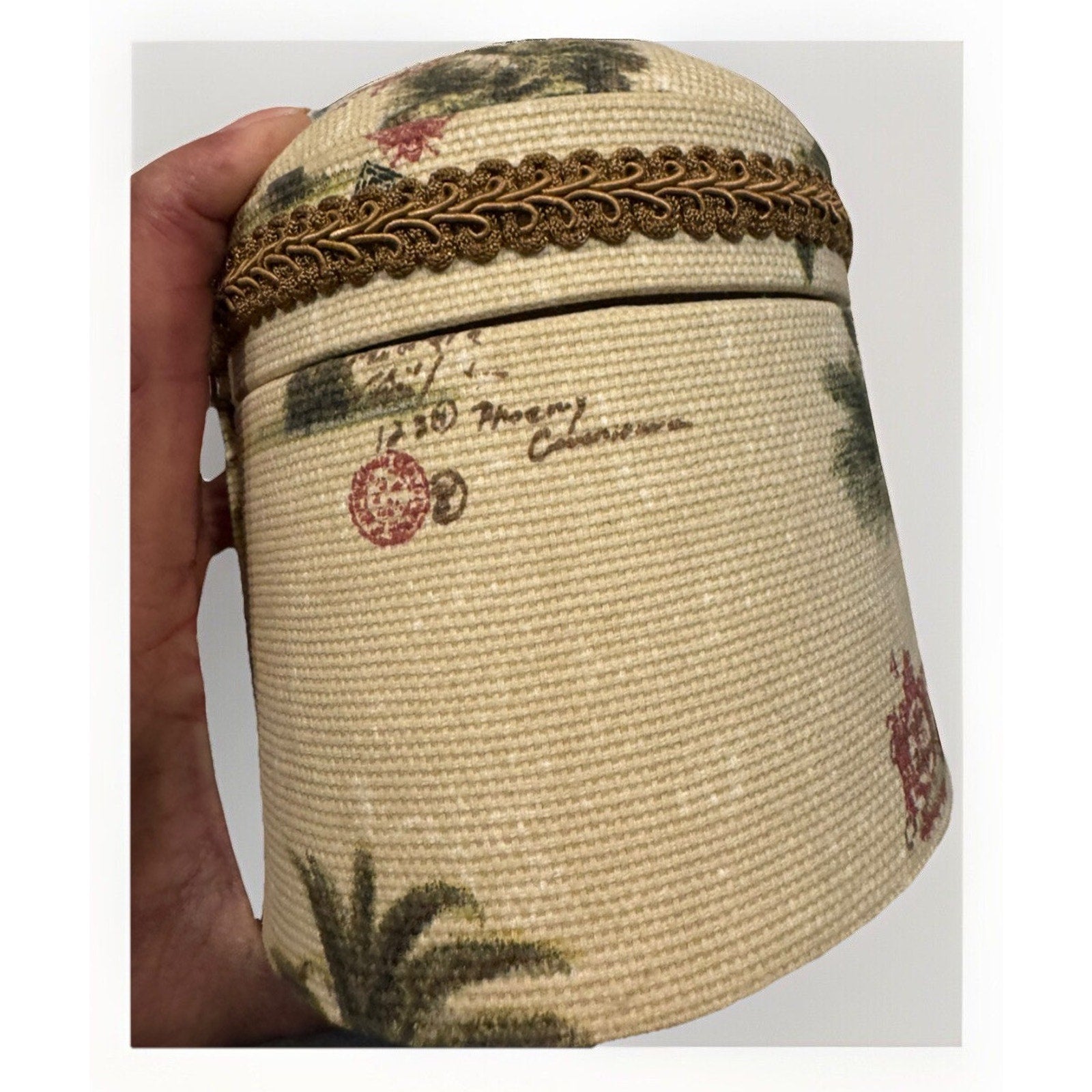 Coastal Design Tapestry Covered Oval Trinket Jewelry Sewing Box