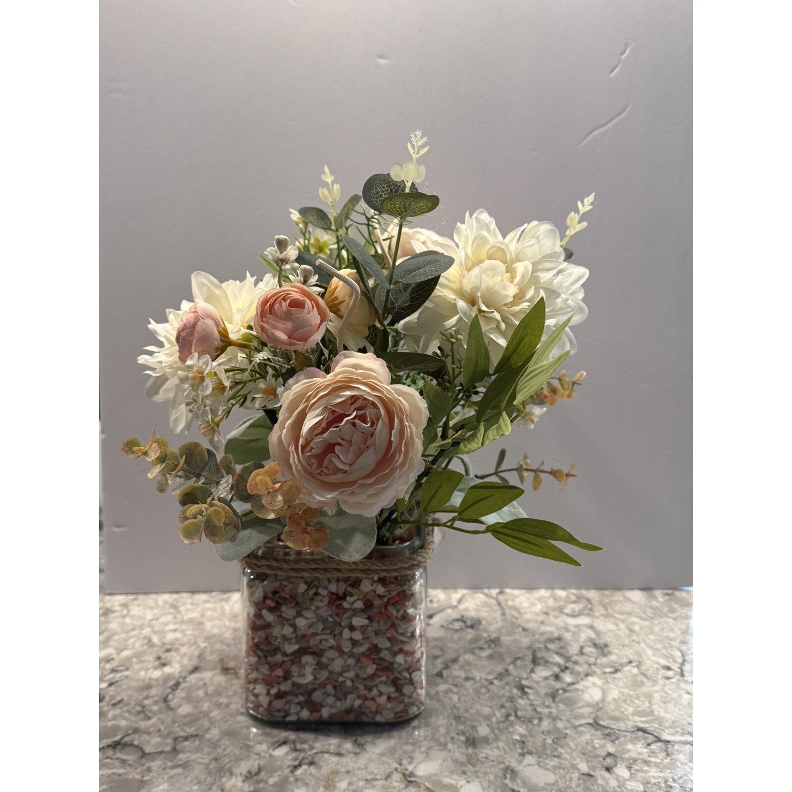 Spring Silk Floral Arrangement Clear Glass Vase Shell Chips Beach Decor