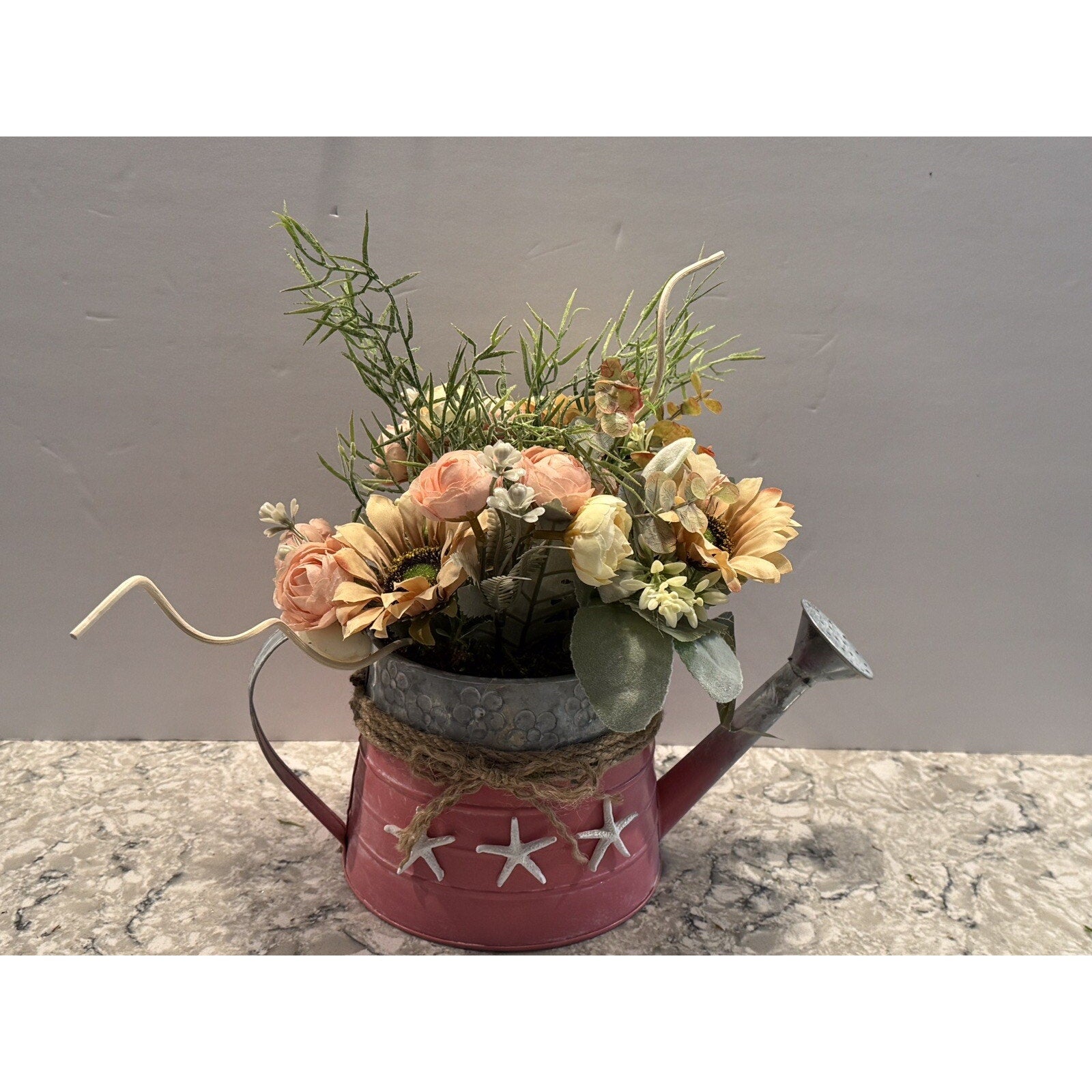 Spring Floral Arrangement in Metal Watering Can - Farmhouse Beach Rustic Decor