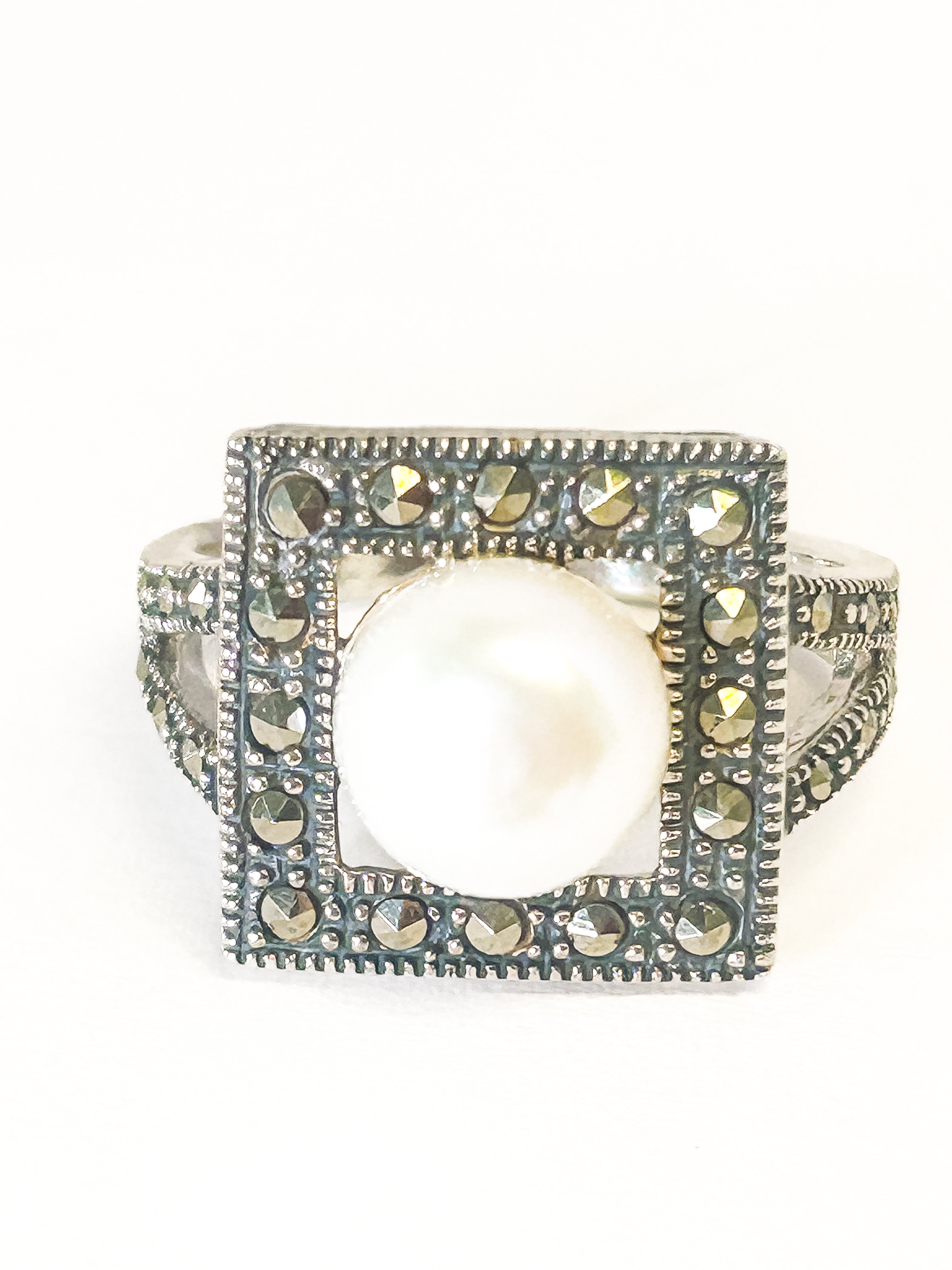 925 Sterling Silver Marcasite and Pearl Ring Size 7 - Frijja, LLC
