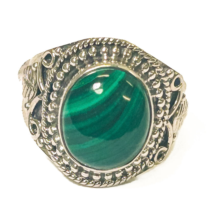 Vintage 925 Sterling Silver Round Malachite Ring - Size 8 - Frijja, LLC