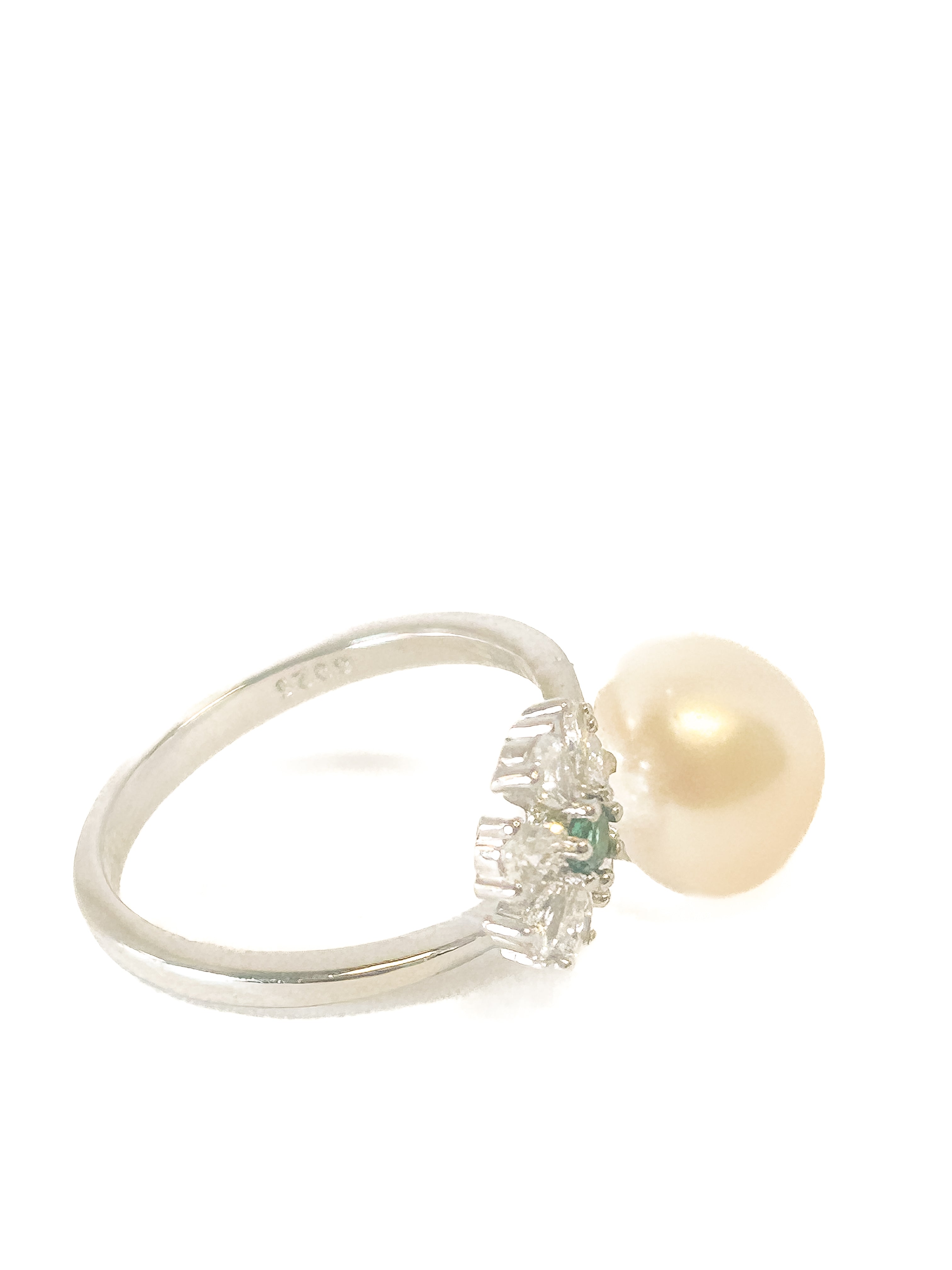 925 Sterling Silver Pearl and Emerald Adjustable Ring - Frijja, LLC