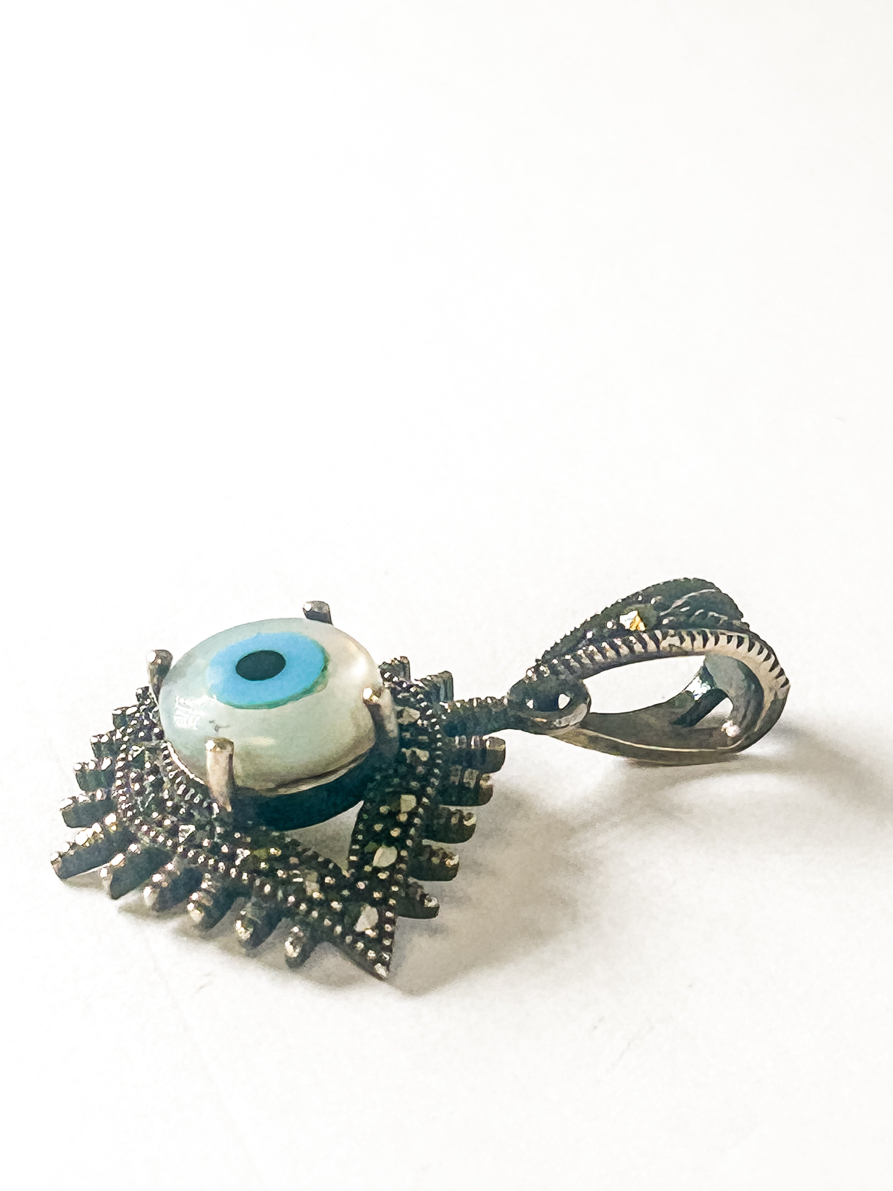 Vintage 925 Sterling Silver Large Marcasite Evil Eye Pendant