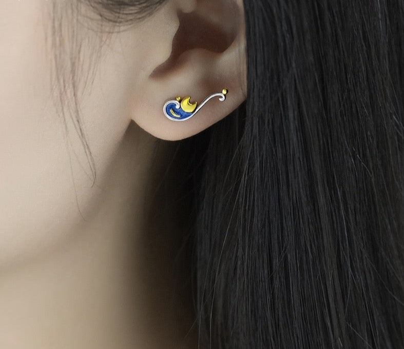 925 Silver Van Gogh's Glitter Gold Moon Star Stud Earrings