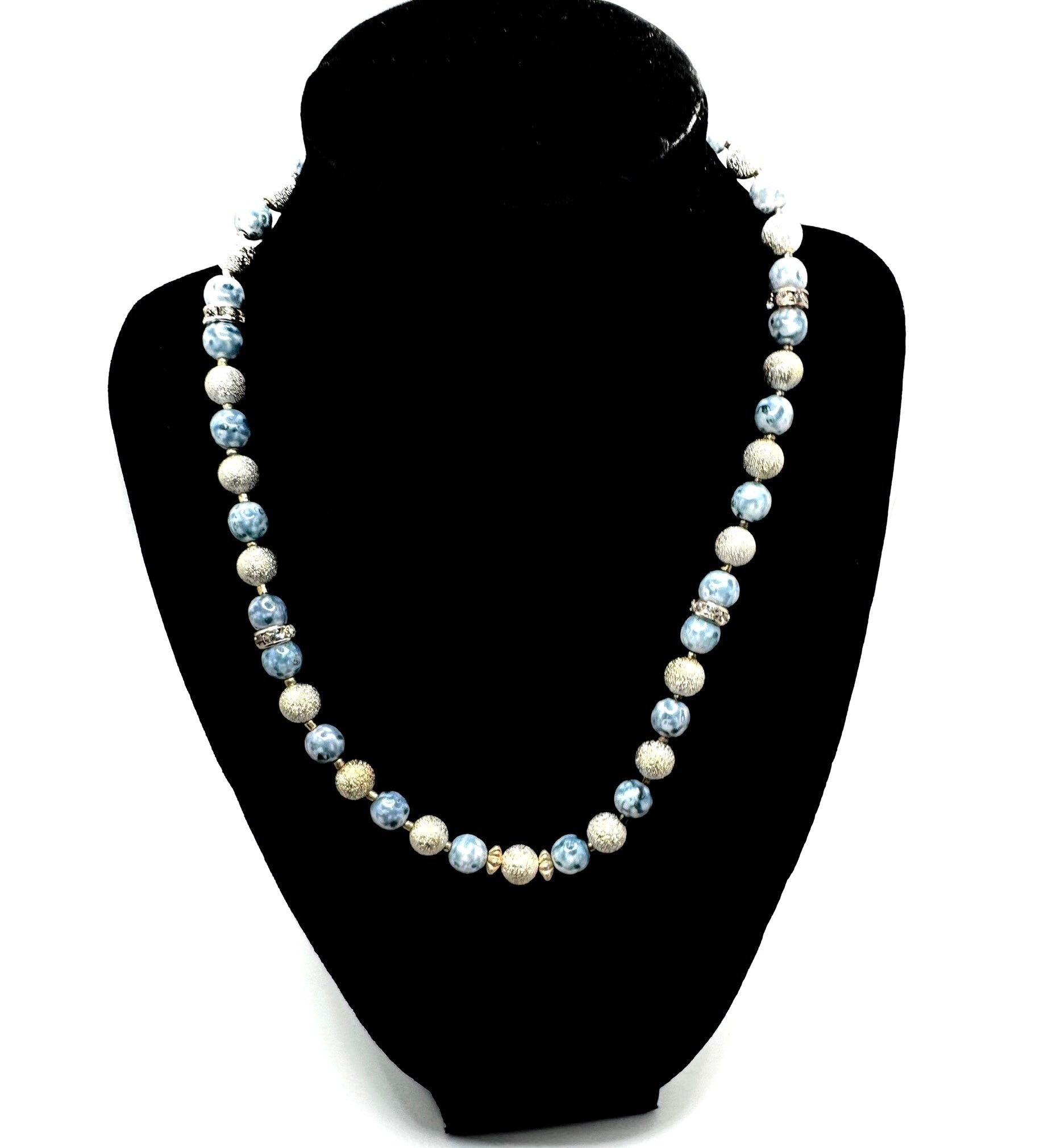 Handmade Ceramic Beads & Silver Tone Necklace - Blue/Silver