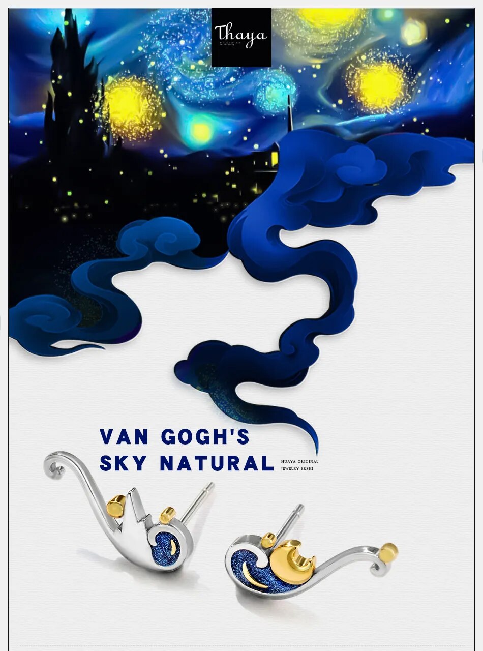 925 Silver Van Gogh's Glitter Gold Moon Star Stud Earrings