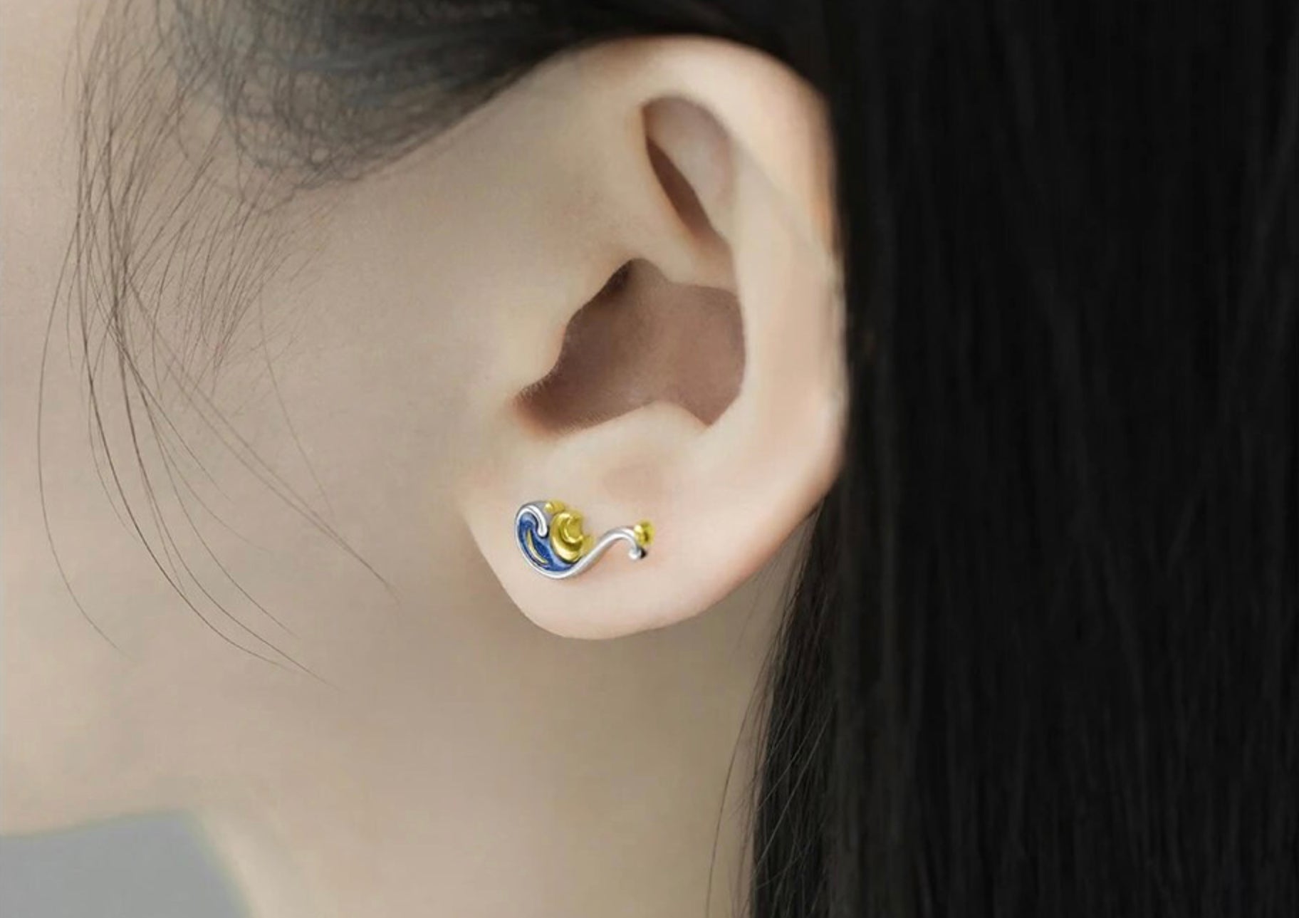 925 Silver Van Gogh's Glitter Gold Moon Star Stud Earrings
