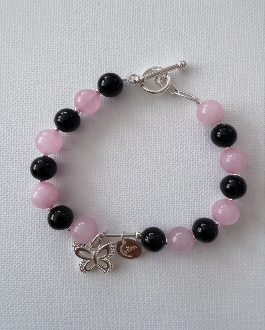 .950 Sterling Silver Rose Quartz Onyx Bracelet - 7.5”